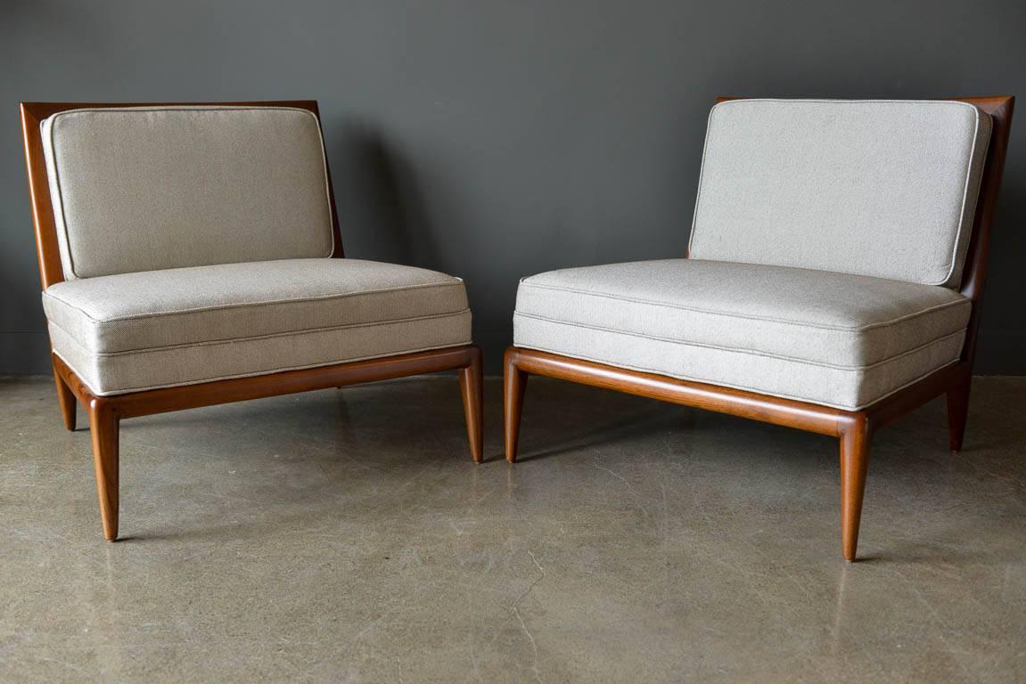 Pair of Walnut Frame Slipper Chairs, circa 1965 In Excellent Condition In Costa Mesa, CA