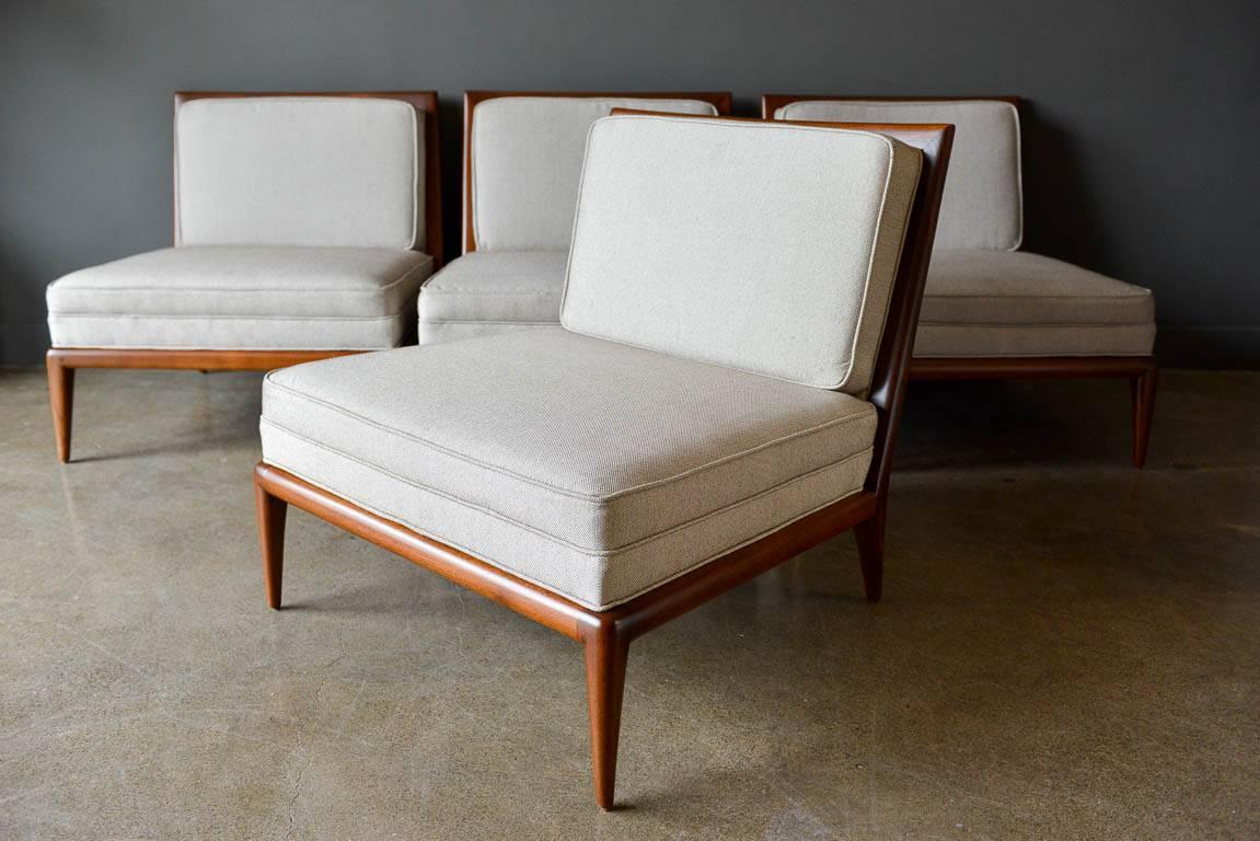 Fabric Pair of Walnut Frame Slipper Chairs, circa 1965