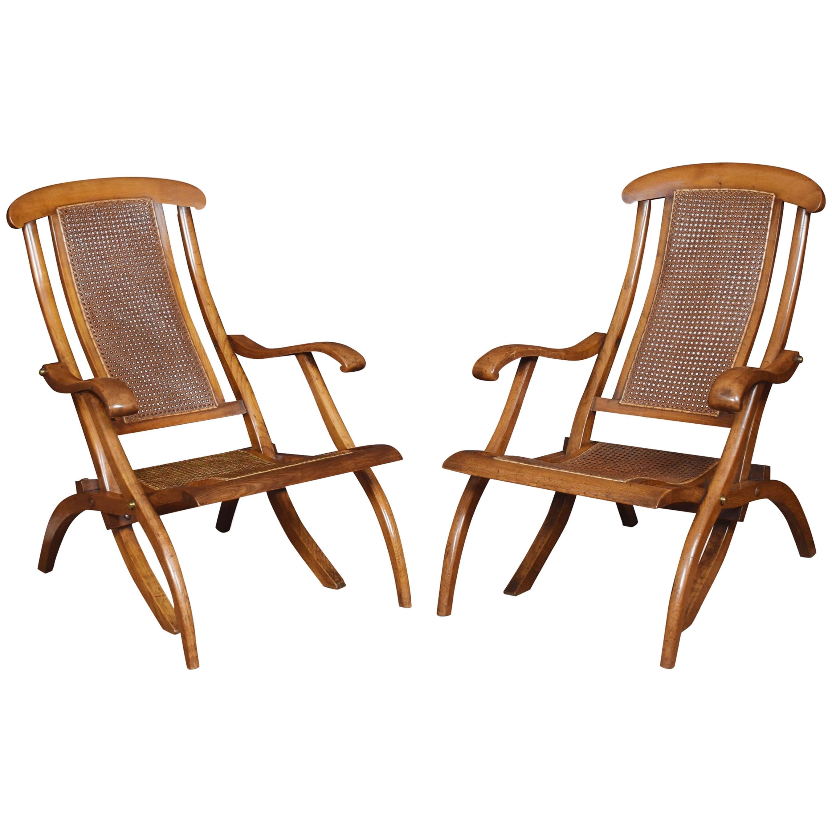 Pair of Walnut Framed Folding Steamer Deck Chairs