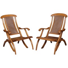 Antique Pair of Walnut Framed Folding Steamer Deck Chairs