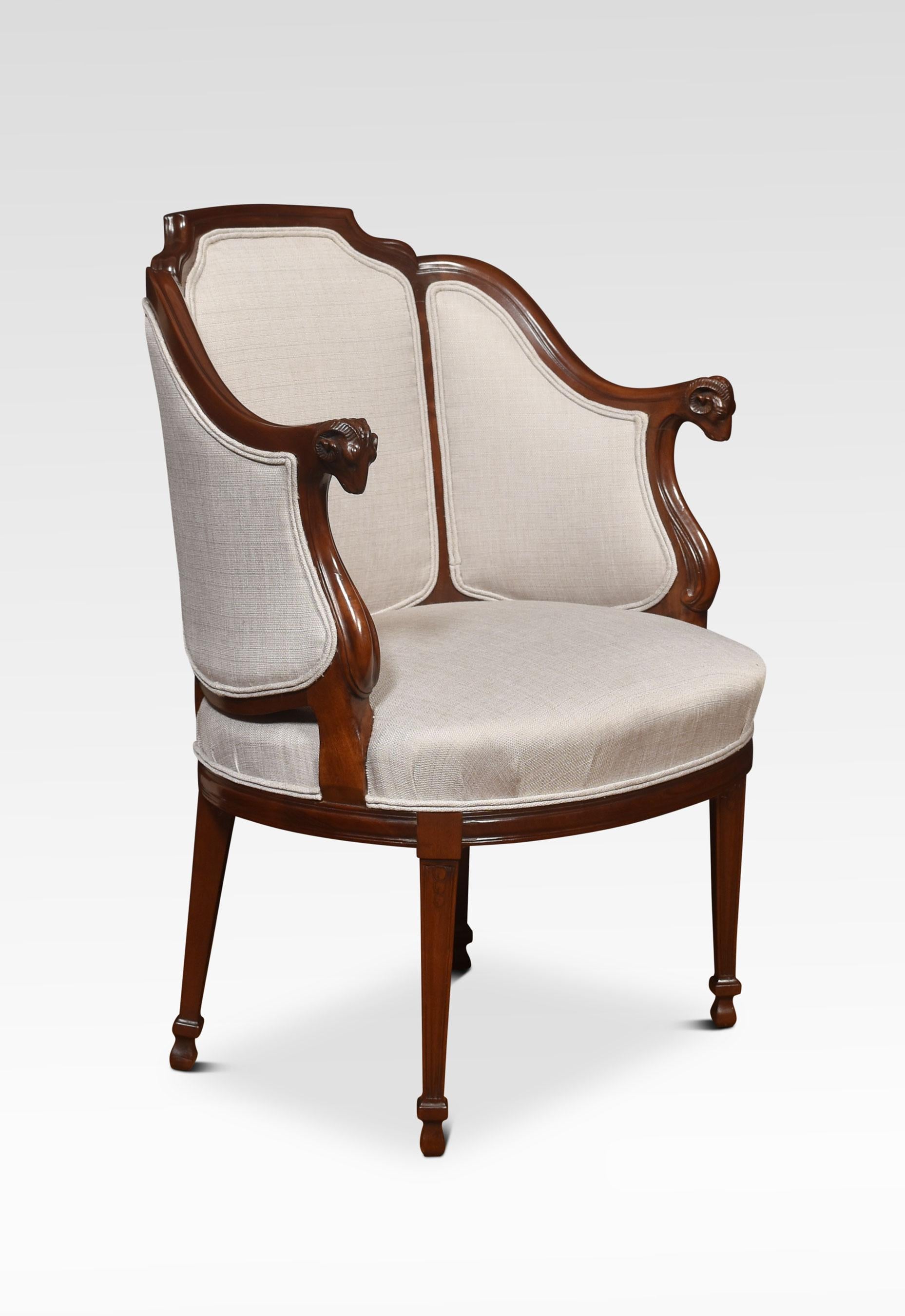 Pair of walnut framed tub armchairs the shaped top rails above upholstered back and seat enclosed by outswept rams headed arms. All raised up on tapering legs.
Dimensions
Height 35.5 inches height to seat 17.5 inches
Width 25.5 inches
Depth 23