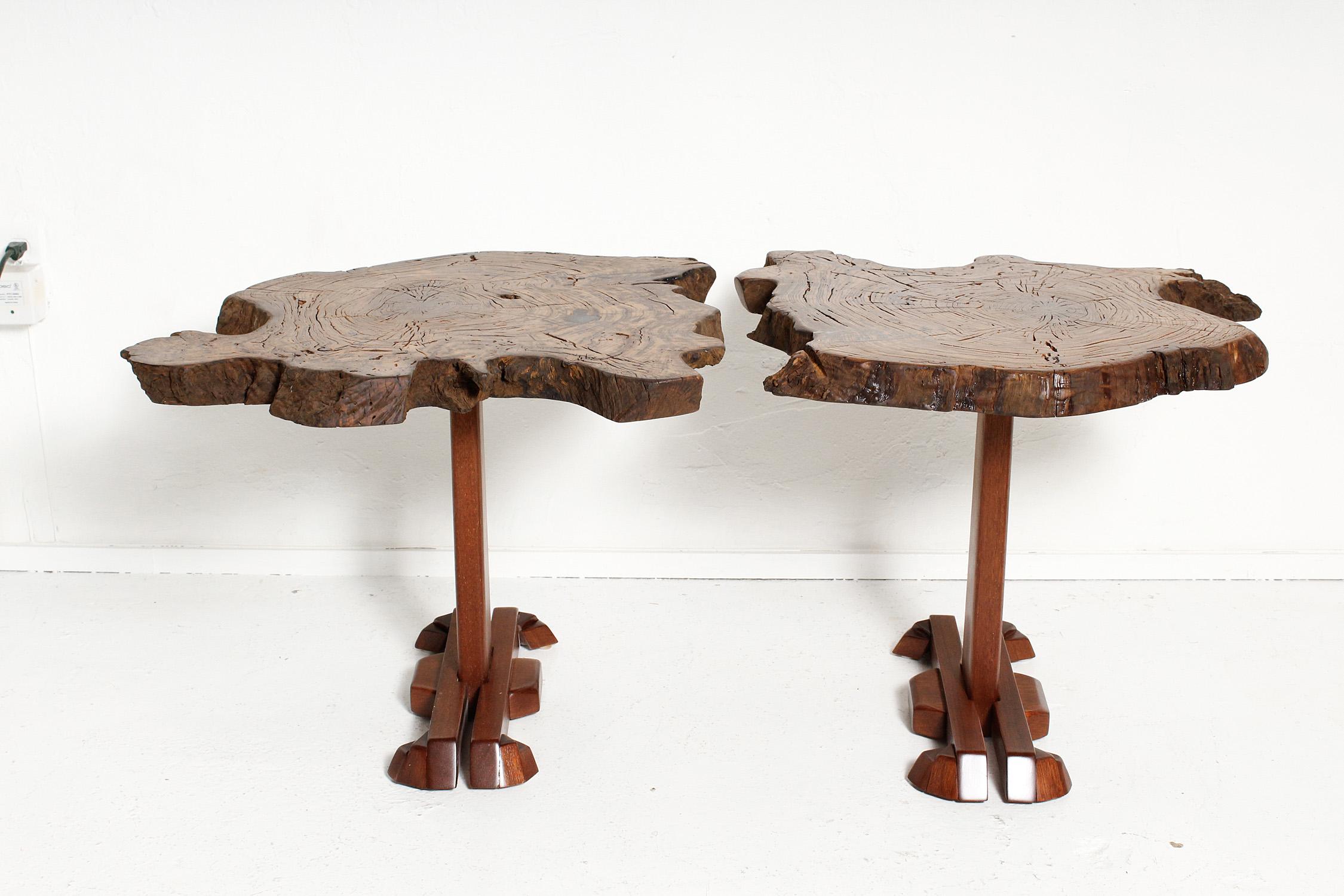 American studio furniture side table has a free edge top in matte finished walnut with resin fillers, mounted on a handmade Arts & Crafts Movement-inspired base. Rustic and charming. Remaining single table is shown on the right in cover photo.