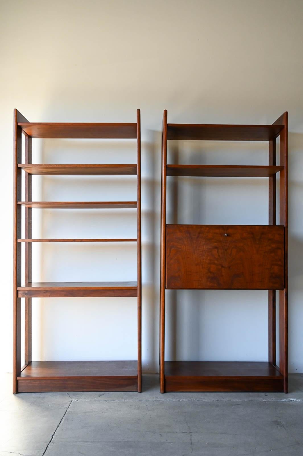 Mid-Century Modern Pair of Walnut Free Standing Bookcases with Bar/Desk, ca. 1970