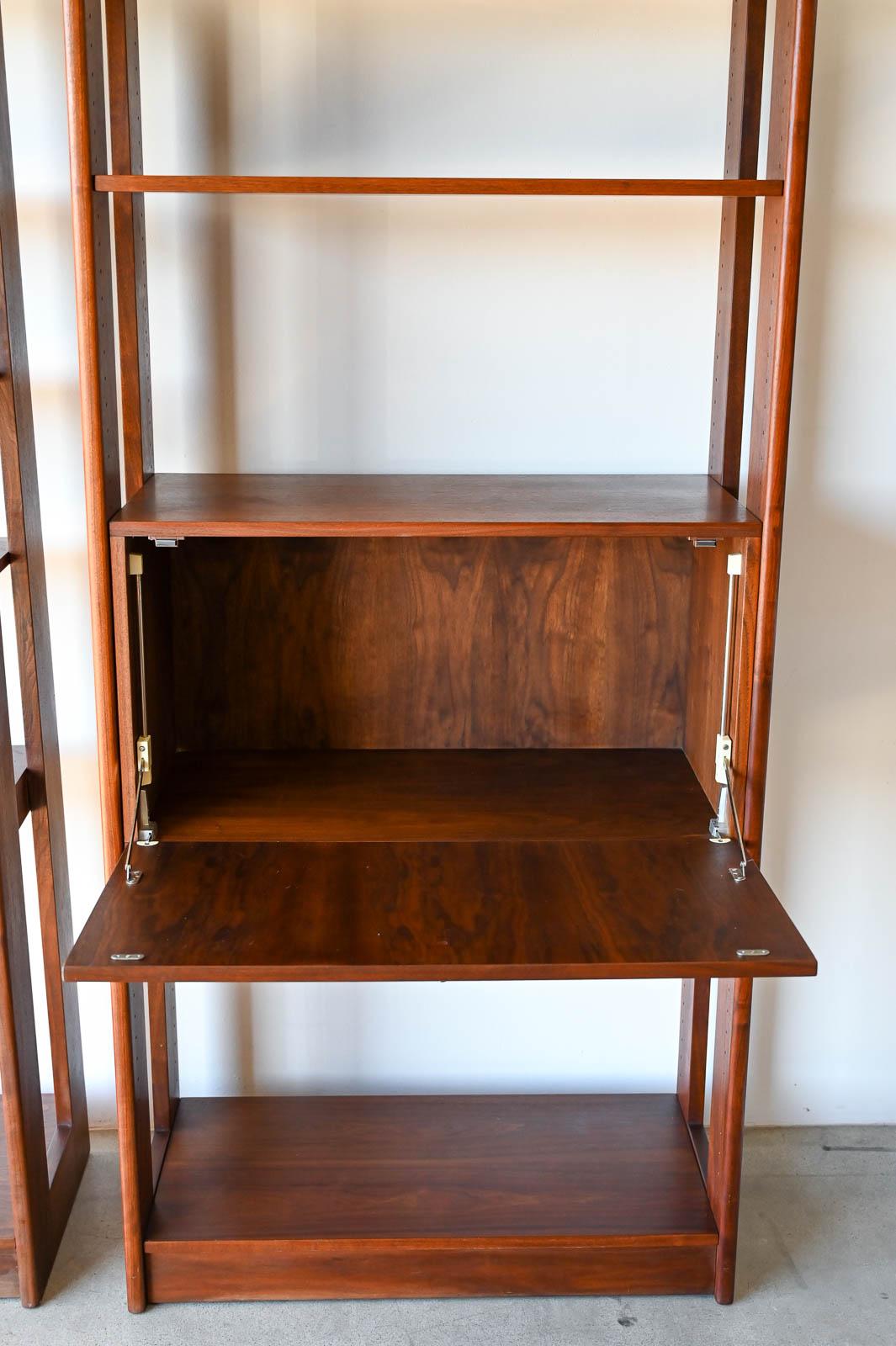 Late 20th Century Pair of Walnut Free Standing Bookcases with Bar/Desk, ca. 1970