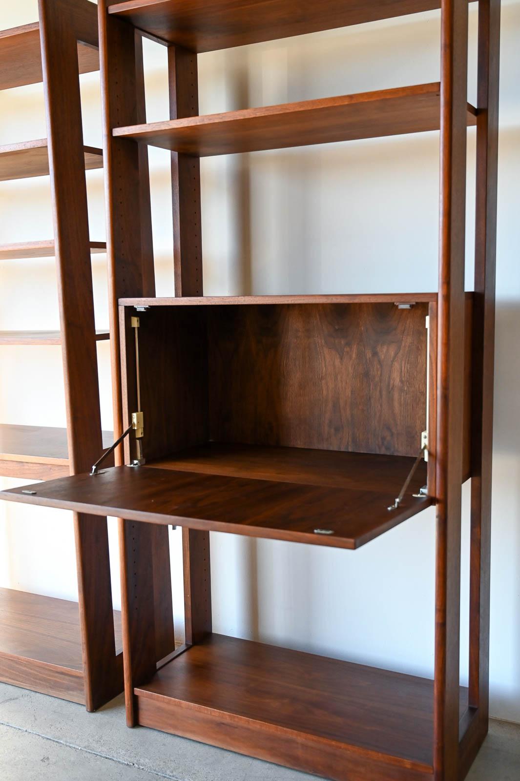 Pair of Walnut Free Standing Bookcases with Bar/Desk, ca. 1970 1