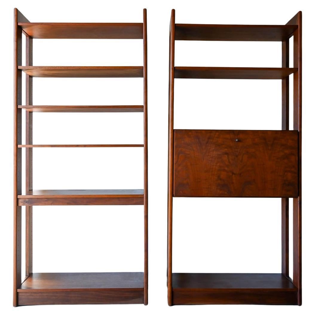 Pair of Walnut Free Standing Bookcases with Bar/Desk, ca. 1970