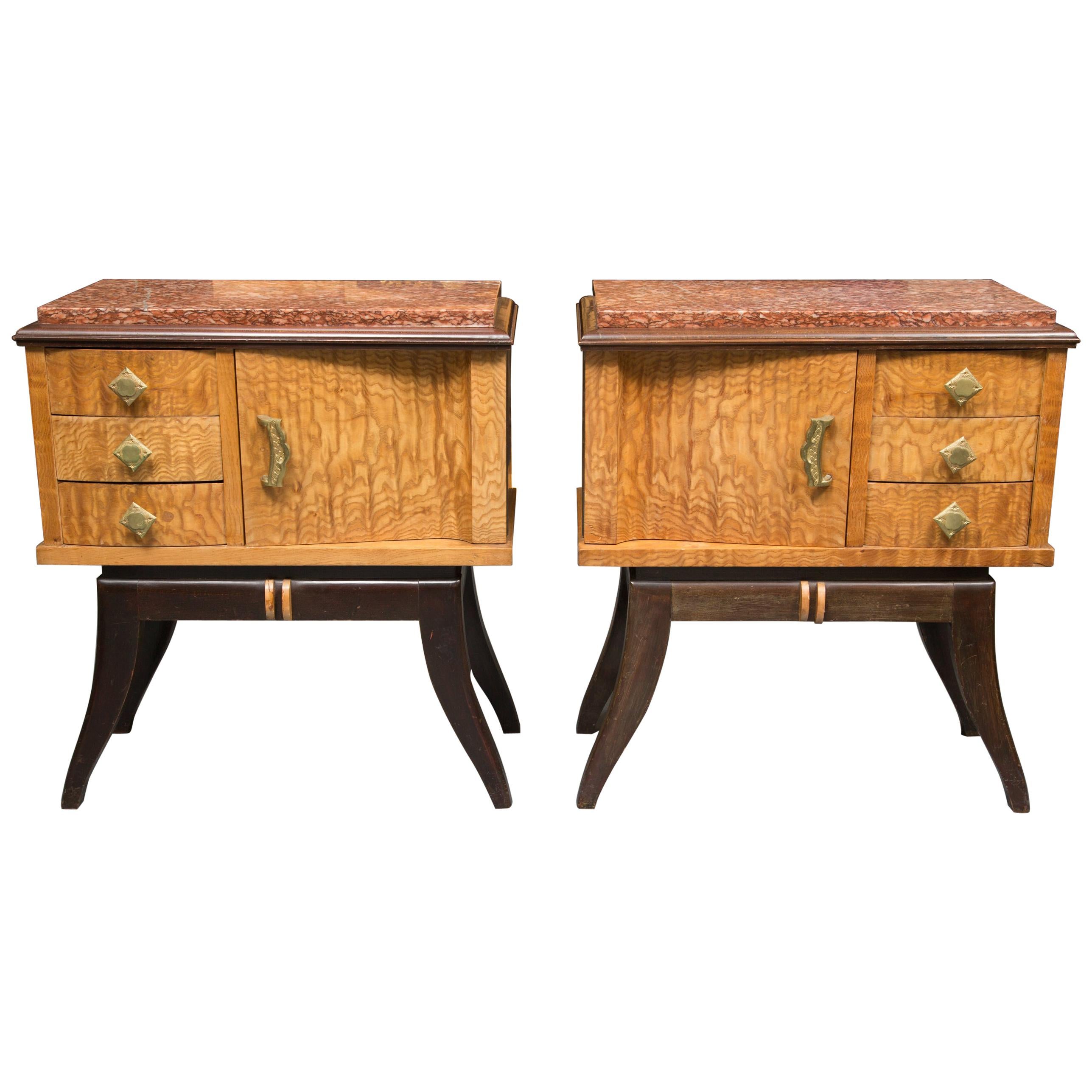 Pair of Walnut French Deco Low Cabinets with Marble Tops