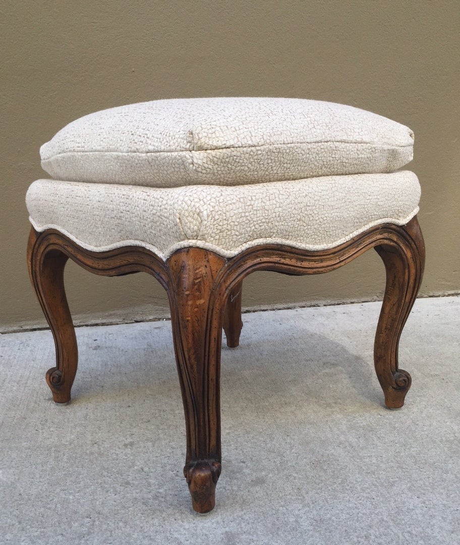 Pair of walnut French Napoleon III style stools /ottomans. Upholstered in a linen-blend.