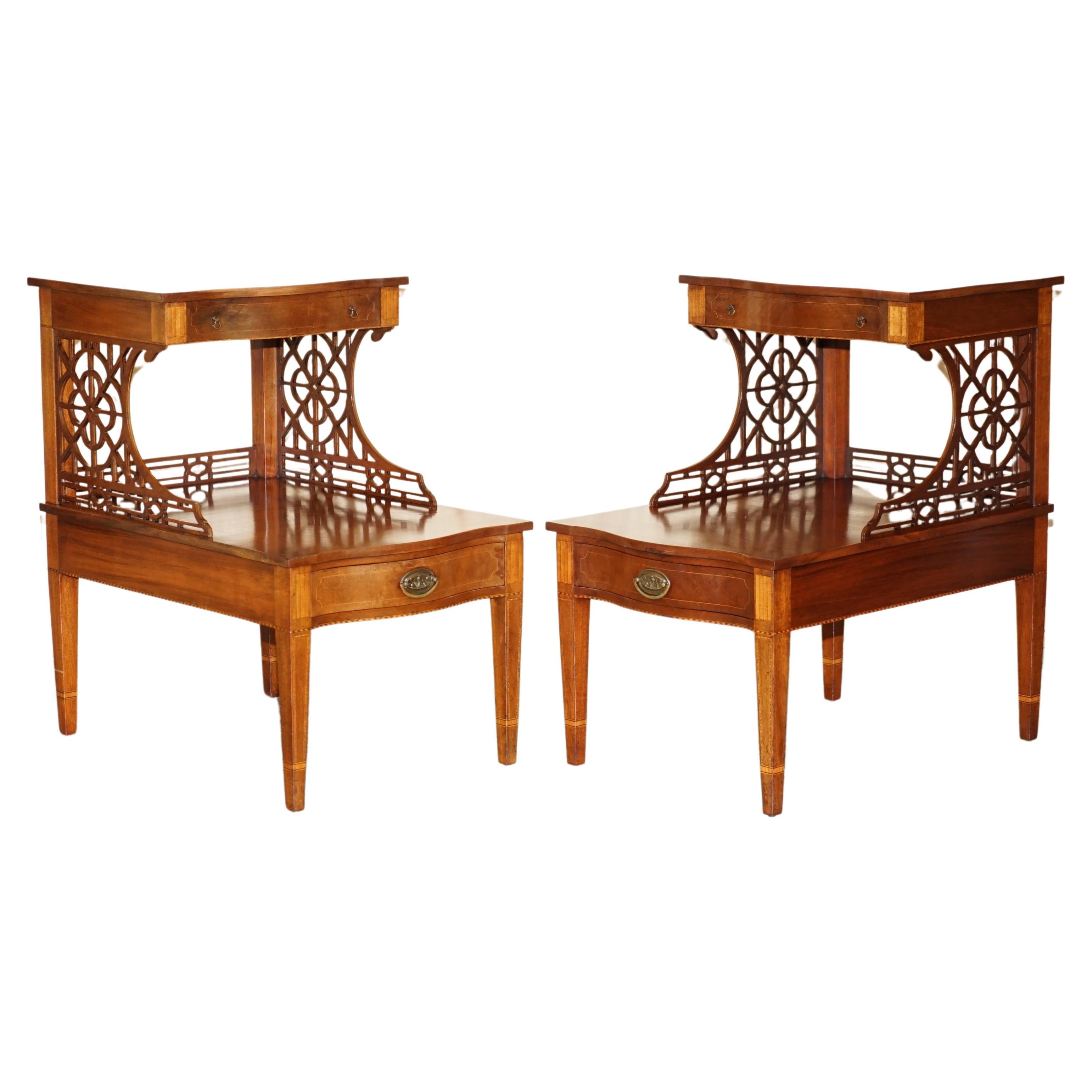 PAIR OF WALNUT FRET WORK CARVED THOMAS CHIPPENDALE SHERATON REVIVAL SIDE TABLEs