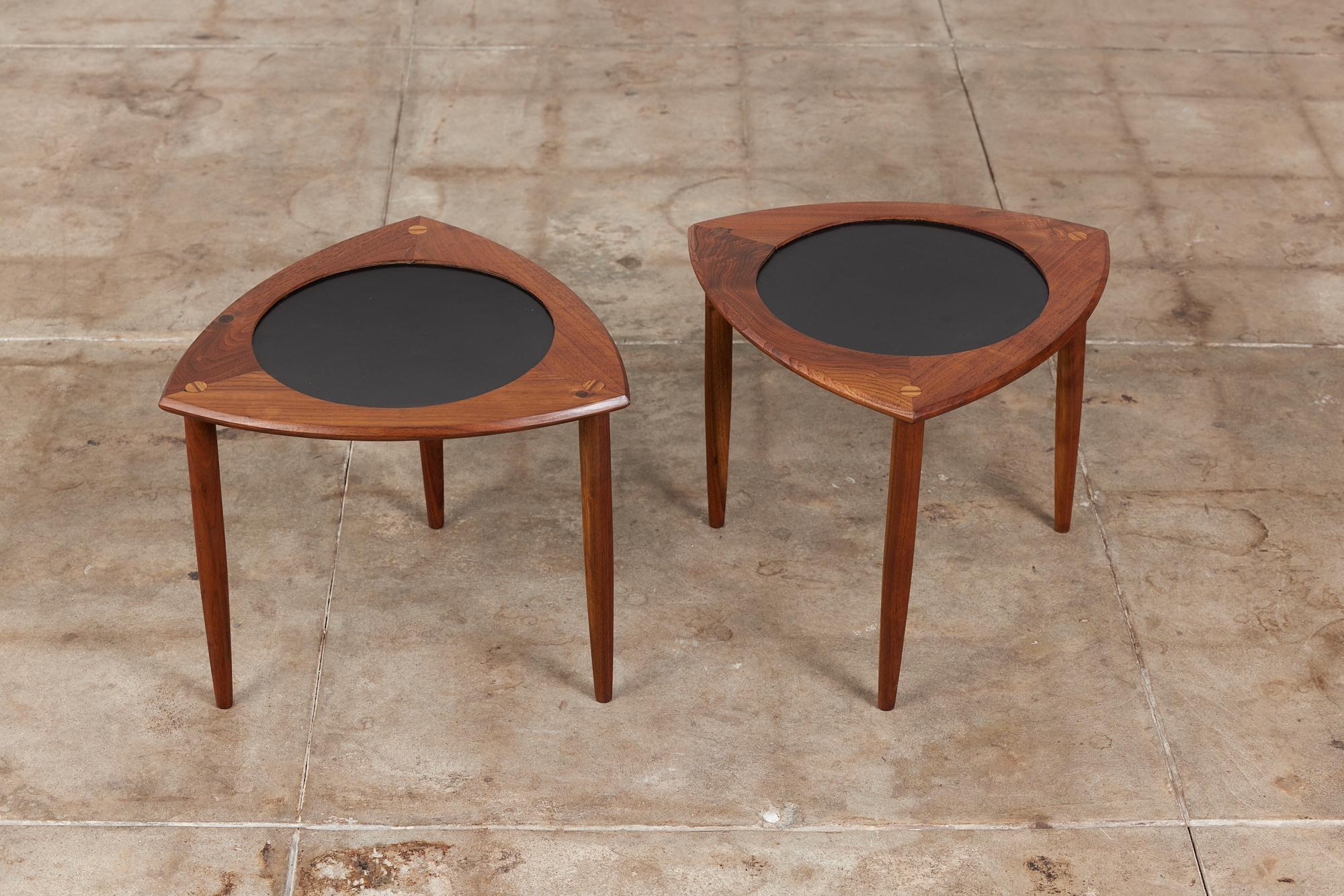 Pair of Walnut “Guitar Pick” Side Tables with Laminate Inlay 4
