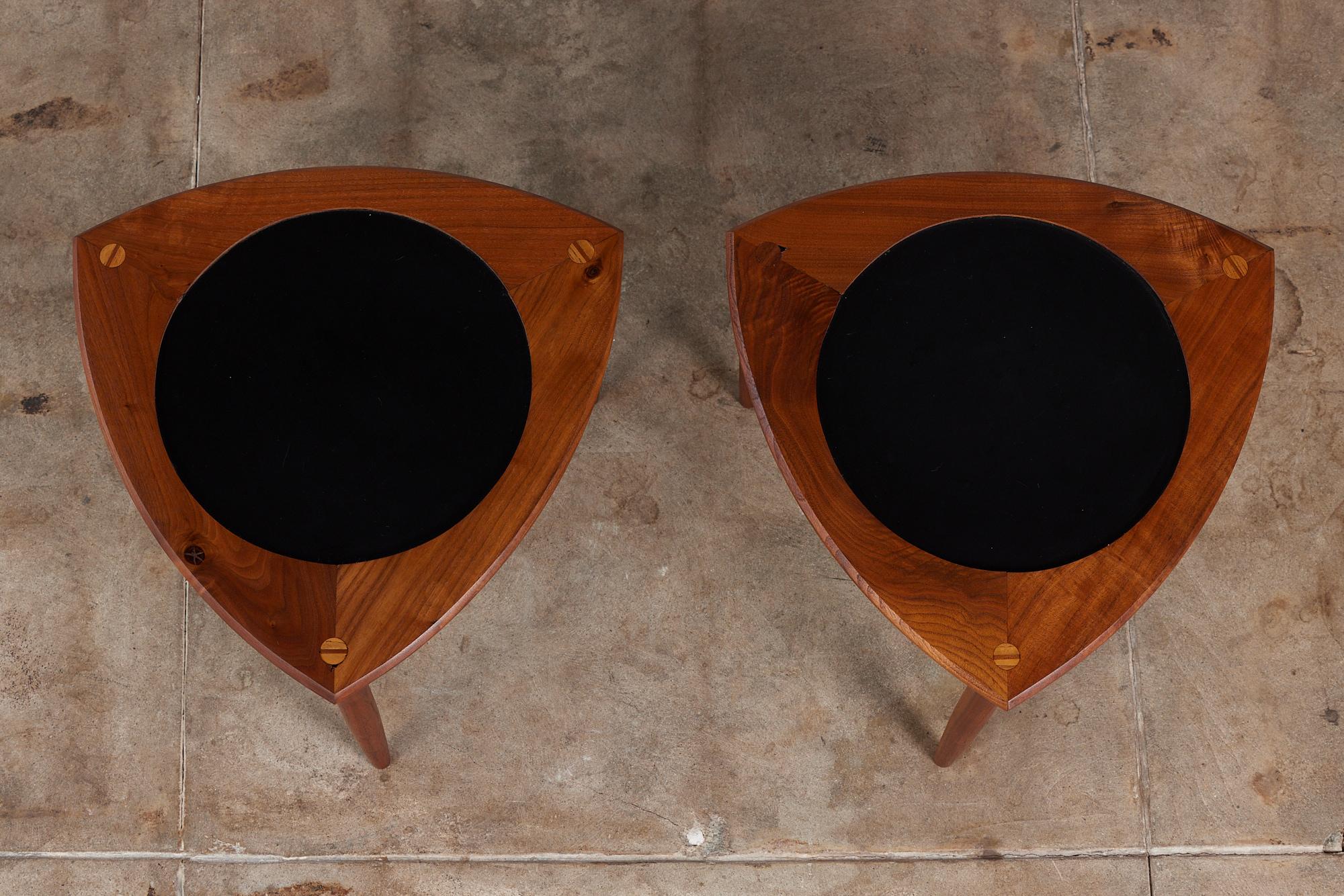 Pair of Walnut “Guitar Pick” Side Tables with Laminate Inlay 5