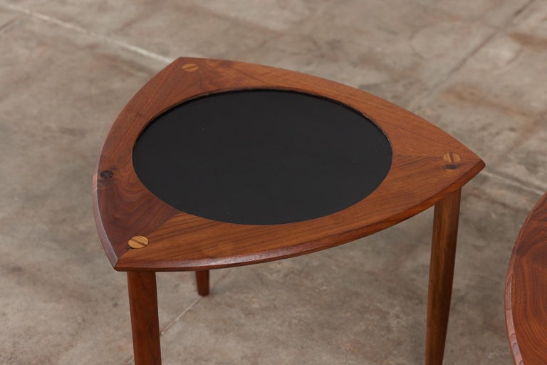 Pair of Walnut “Guitar Pick” Side Tables with Laminate Inlay For Sale