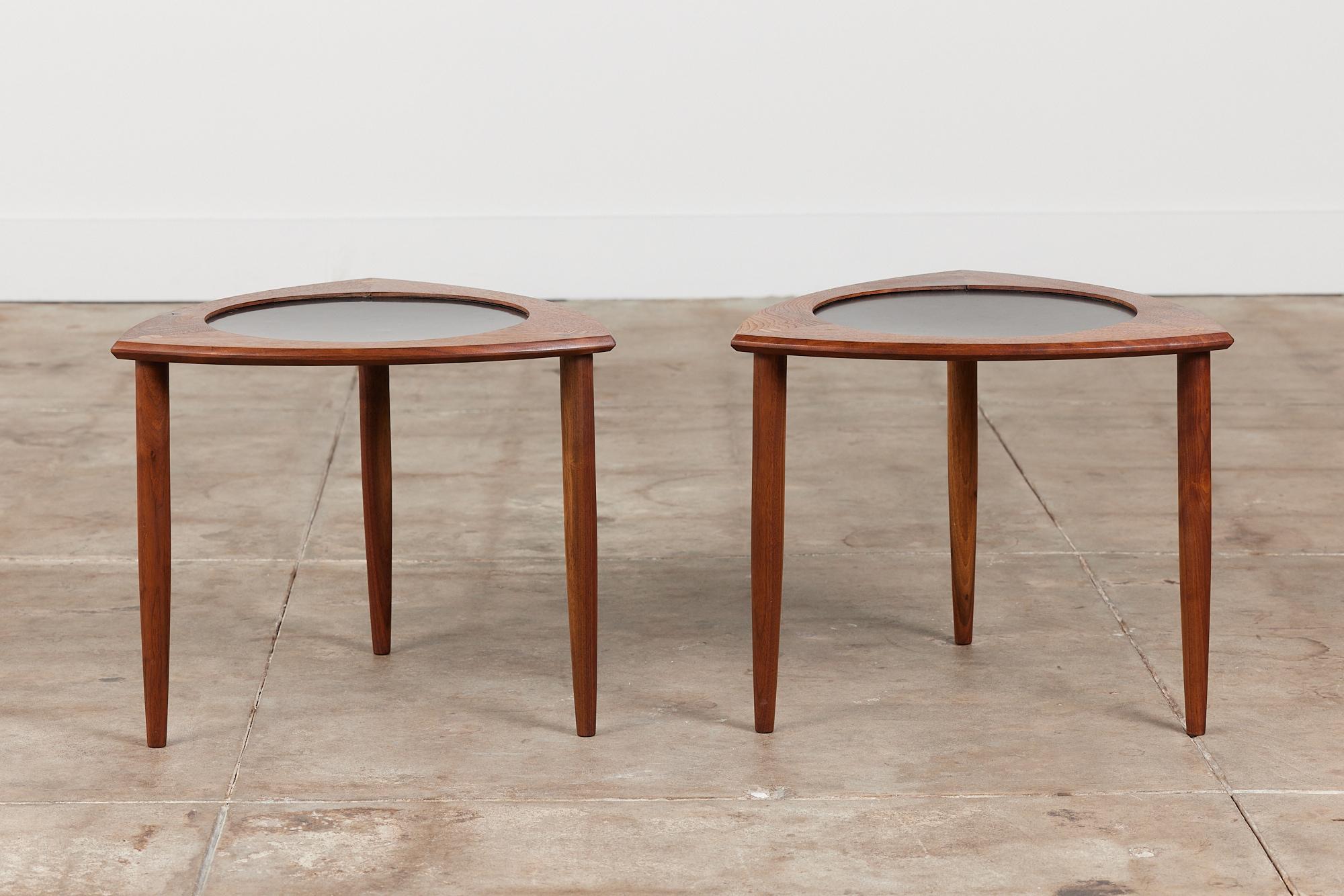 20th Century Pair of Walnut “Guitar Pick” Side Tables with Laminate Inlay