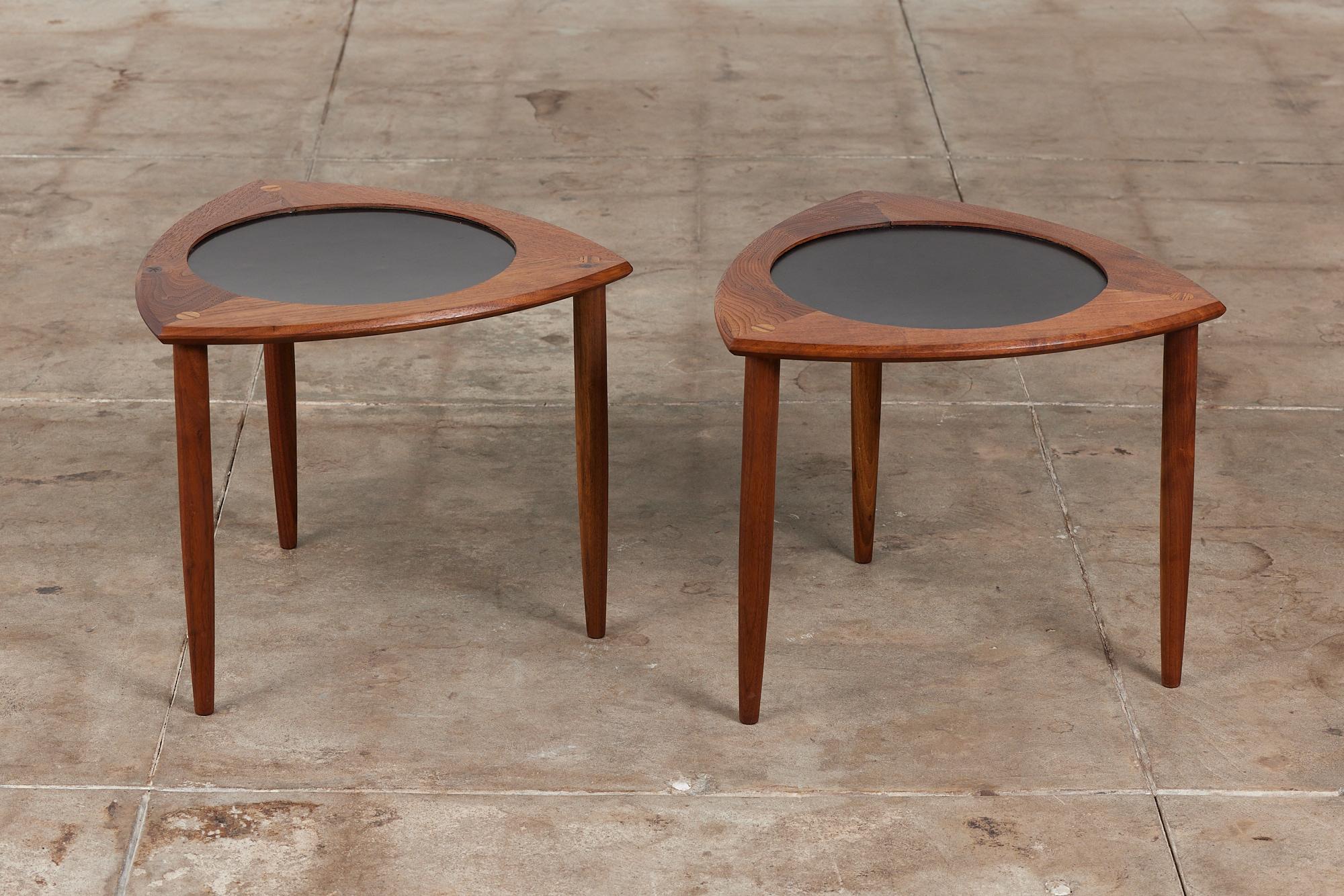 Pair of Walnut “Guitar Pick” Side Tables with Laminate Inlay 2