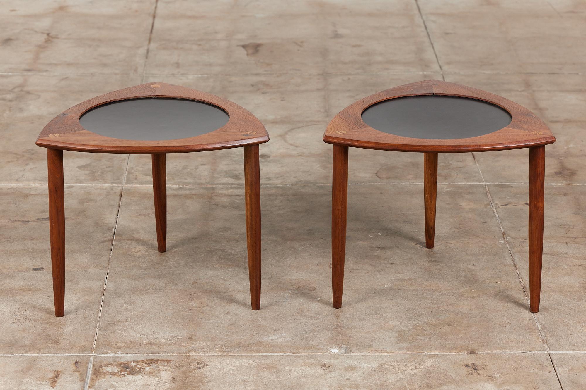 Pair of Walnut “Guitar Pick” Side Tables with Laminate Inlay 3