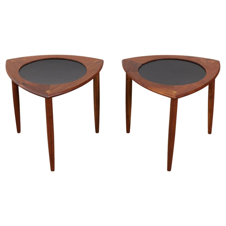Pair of Walnut “Guitar Pick” Side Tables with Laminate Inlay For Sale