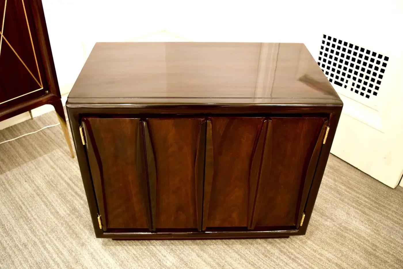 Pair of Mid Century Harvey Probber Style end tables. Beautiful sculpted fronts with two doors opening to a single drawer with open shelf below.  Refinished a few years ago in a contrasting deep dark walnut and medium walnut. Great storage for