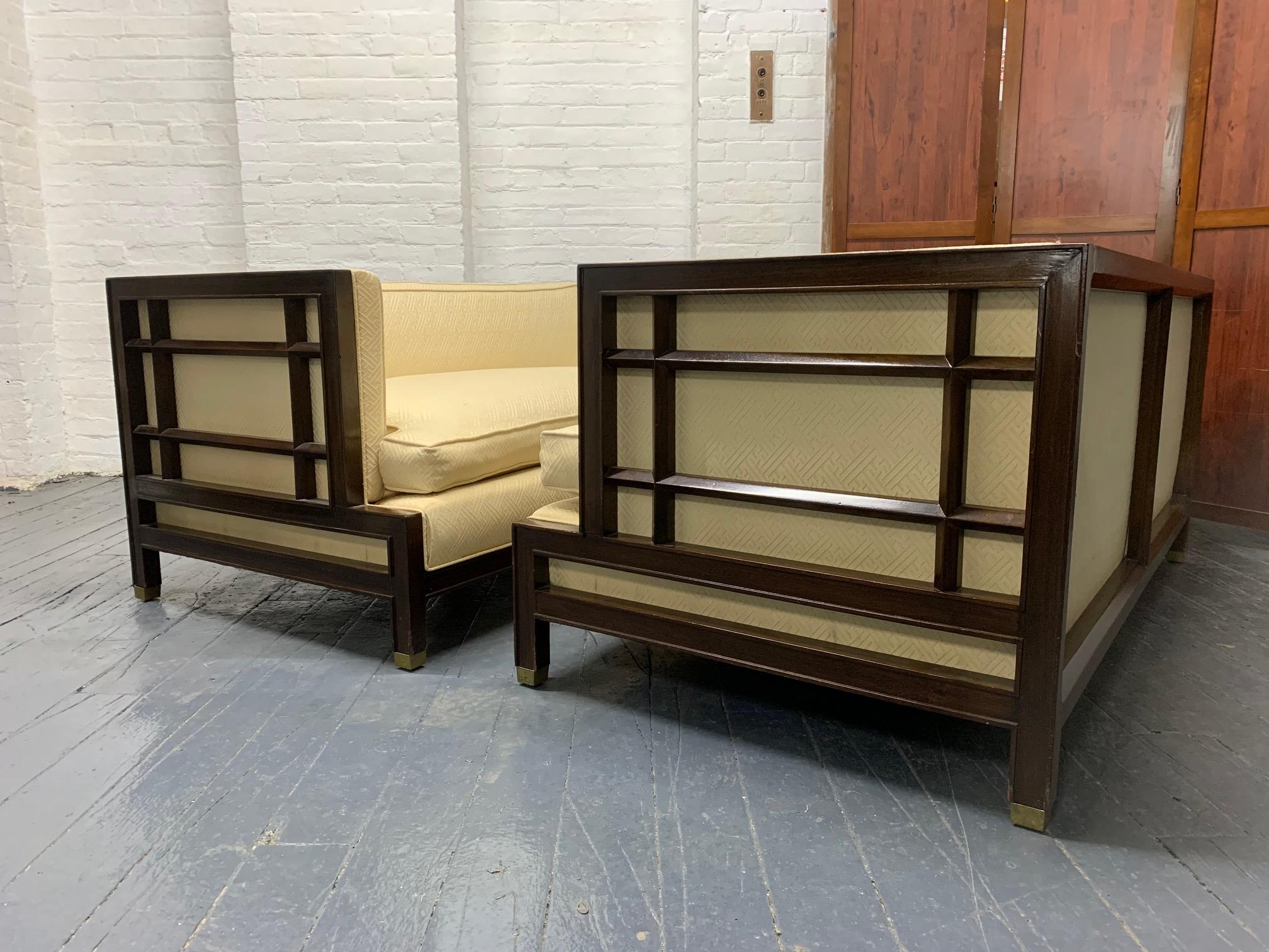 Hollywood Regency Pair of Walnut James Mont Sofas For Sale