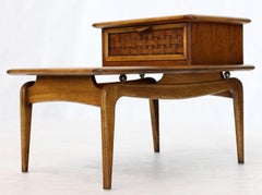 Pair of Walnut Lane Step Tables One Drawer Floating Tops Brass Ball Stand Offs