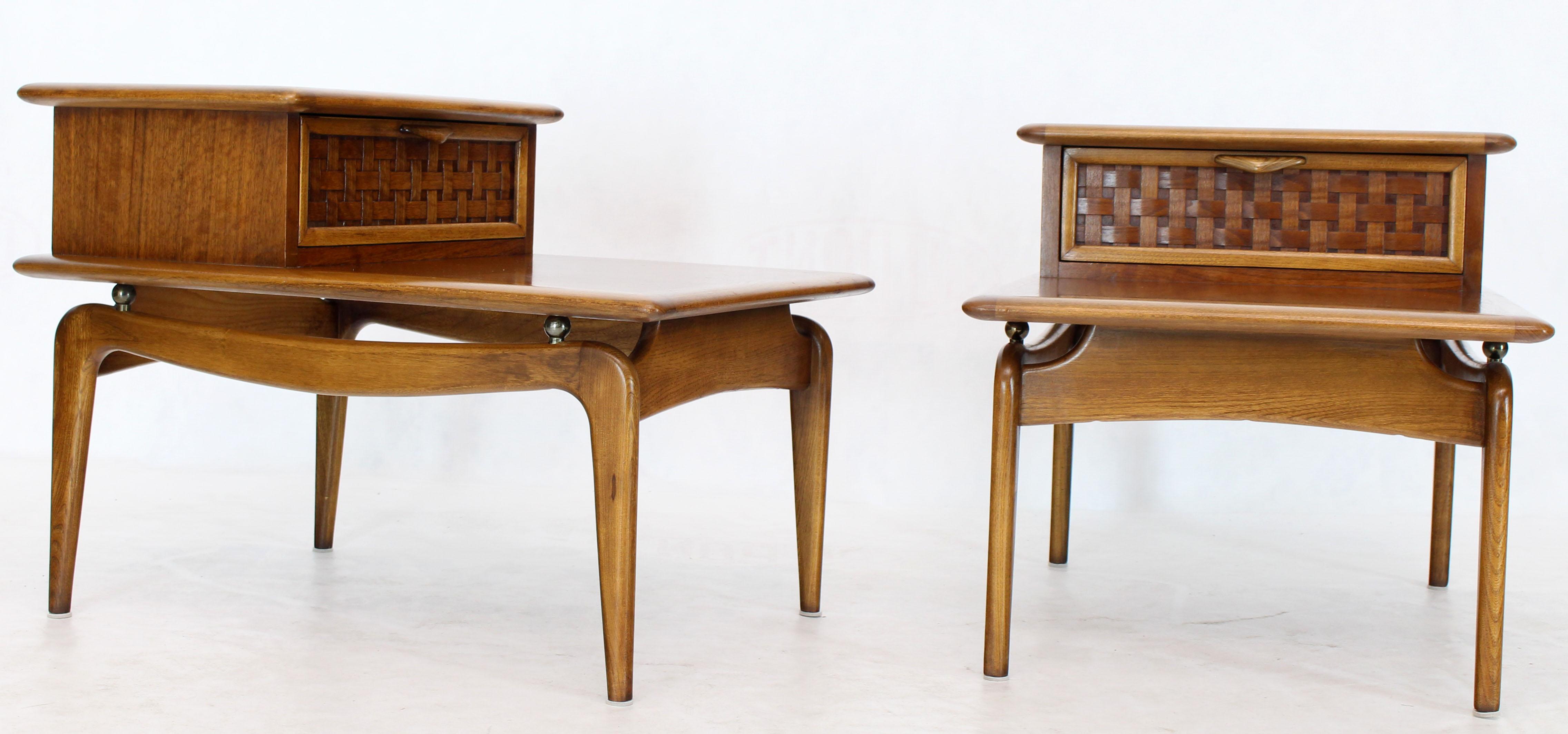 Mid-Century Modern Pair of Walnut Lane Step Tables One Drawer Floating Tops Brass Ball Stand Offs