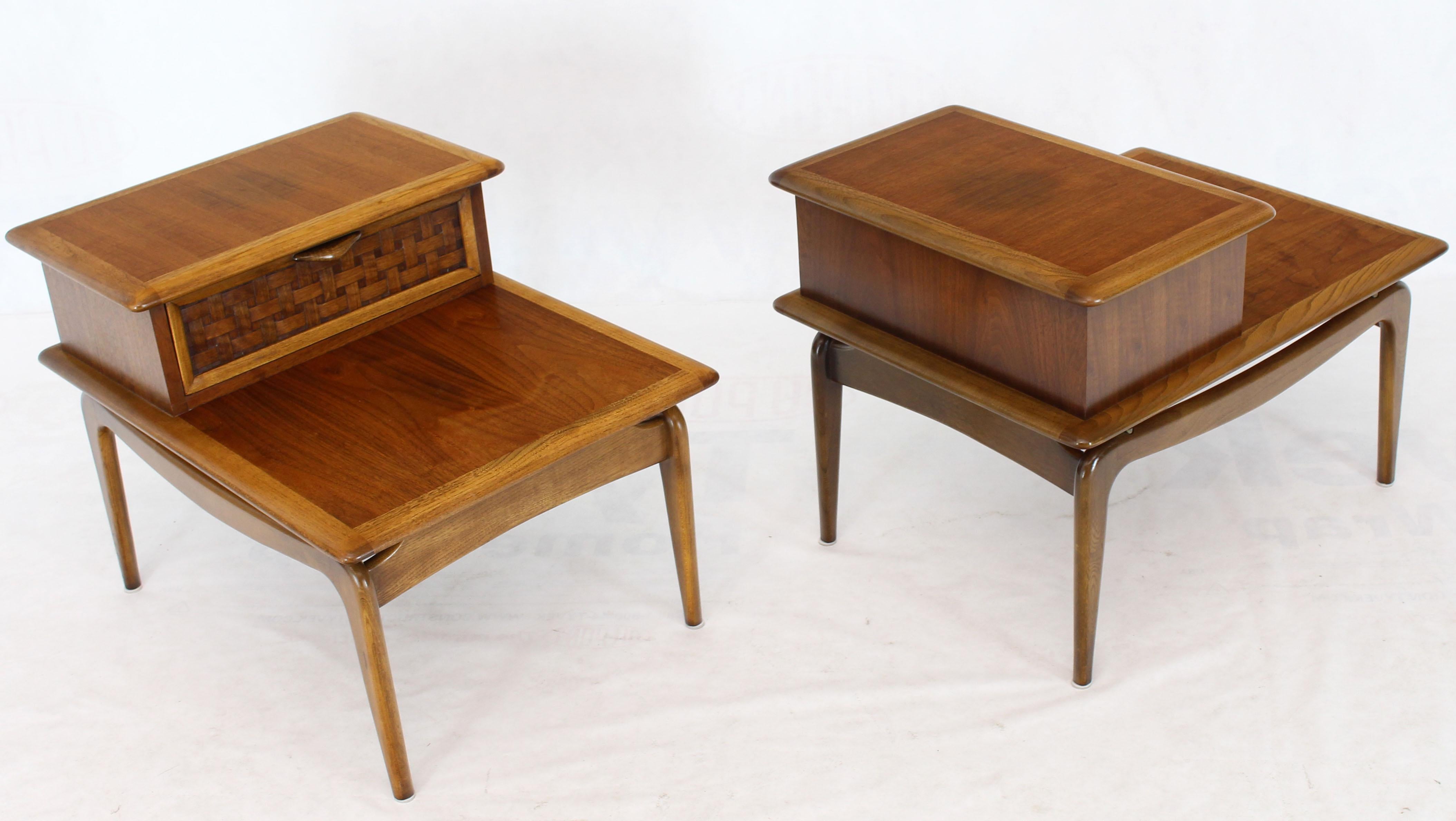 American Pair of Walnut Lane Step Tables One Drawer Floating Tops Brass Ball Stand Offs