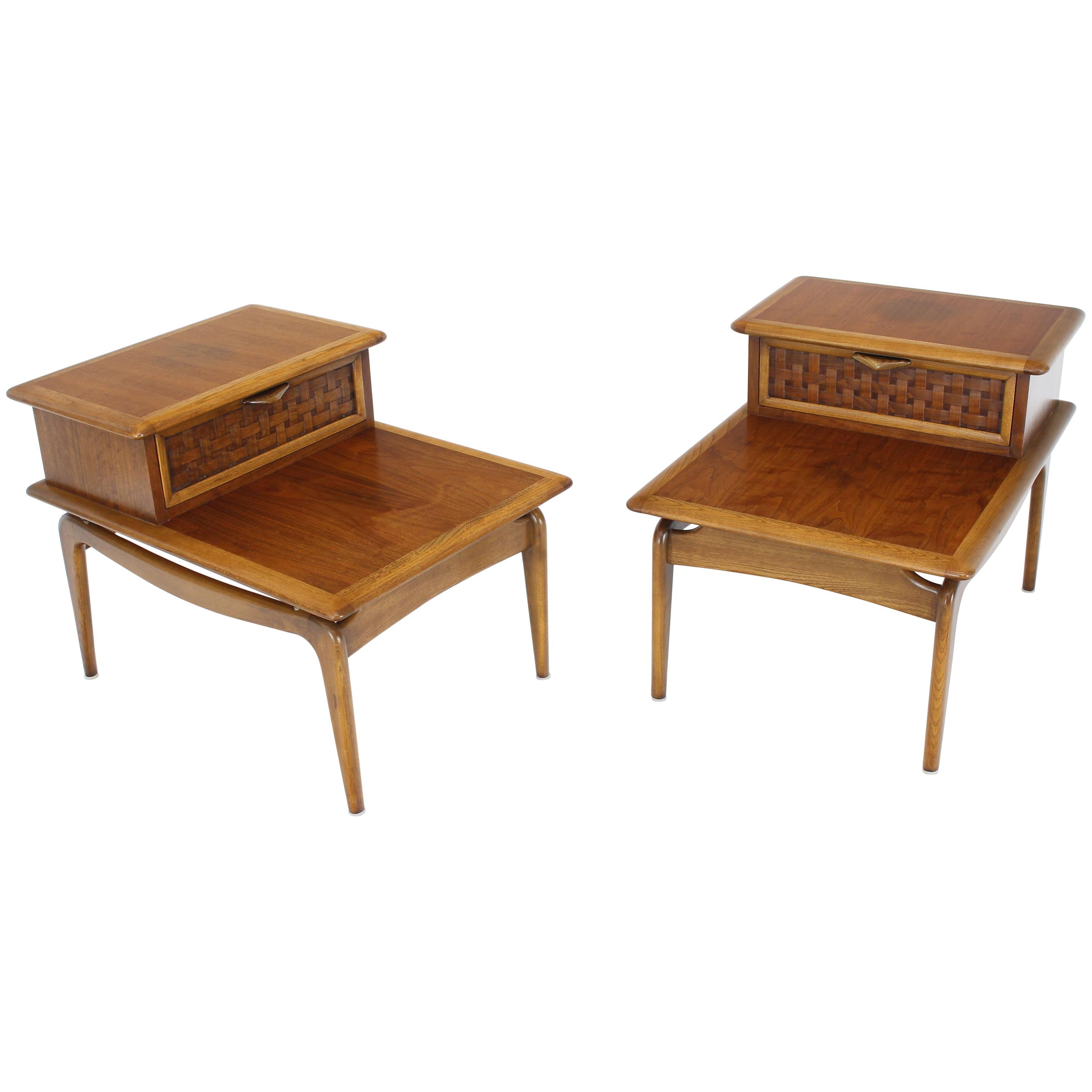 Pair of Walnut Lane Step Tables One Drawer Floating Tops Brass Ball Stand Offs
