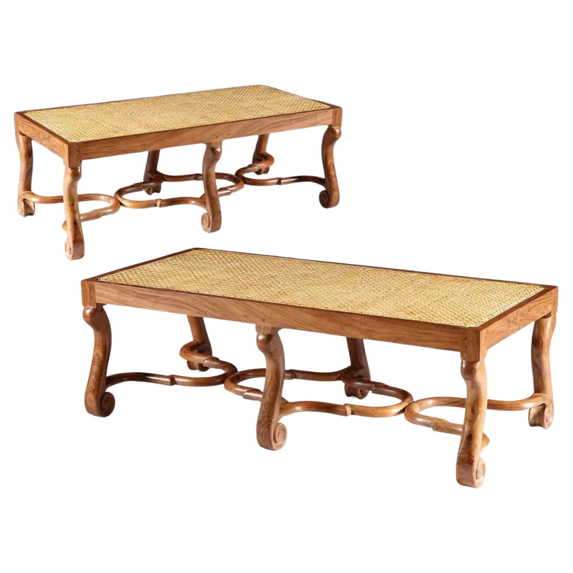 Pair of Walnut Long Caned Benches, 20th Century For Sale