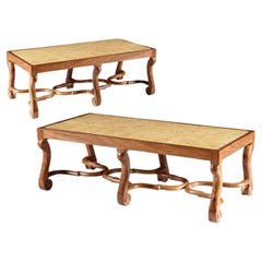 Vintage Pair of Walnut Long Caned Benches, 20th Century