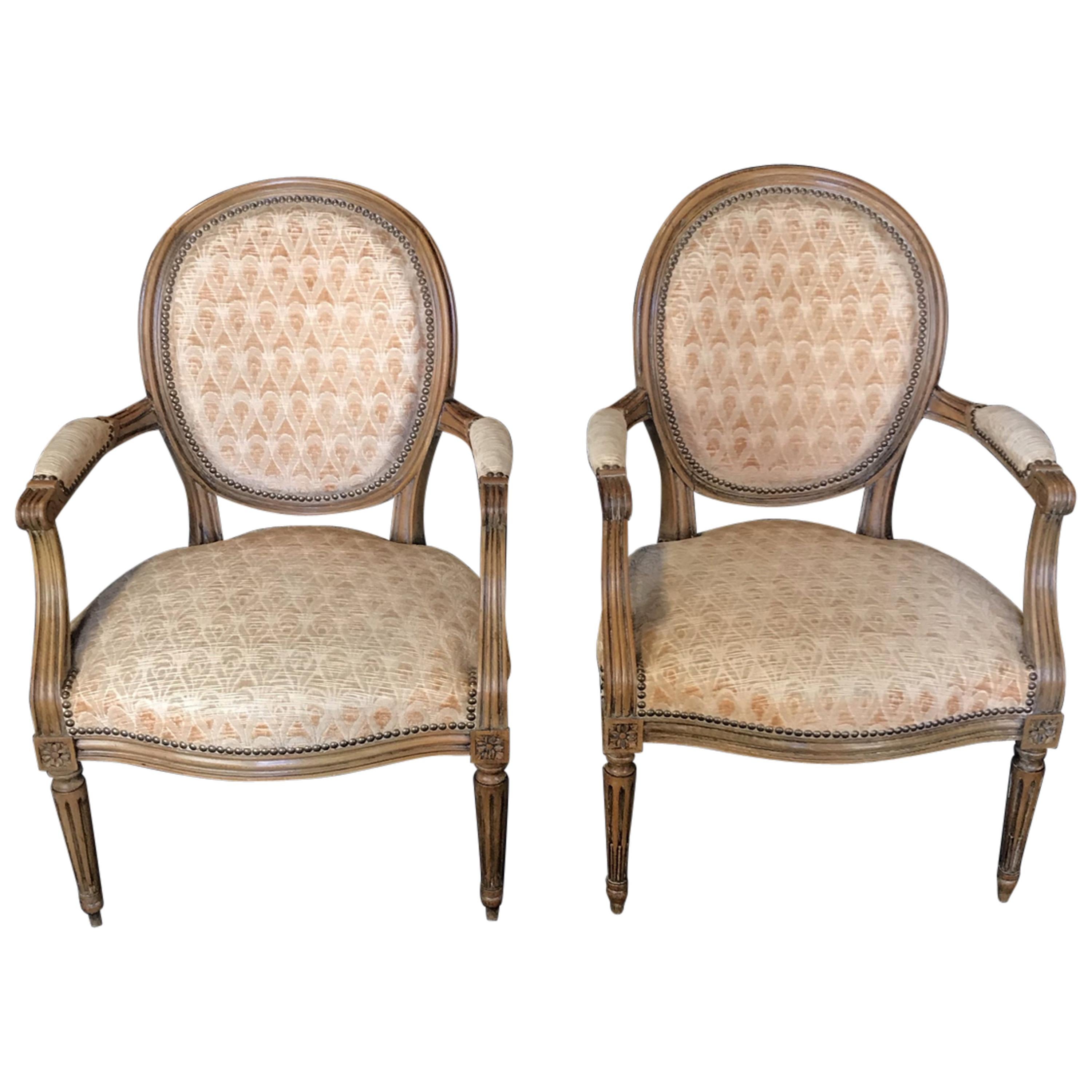 Pair of Walnut Louis XVI Armchairs or Fauteuils For Sale