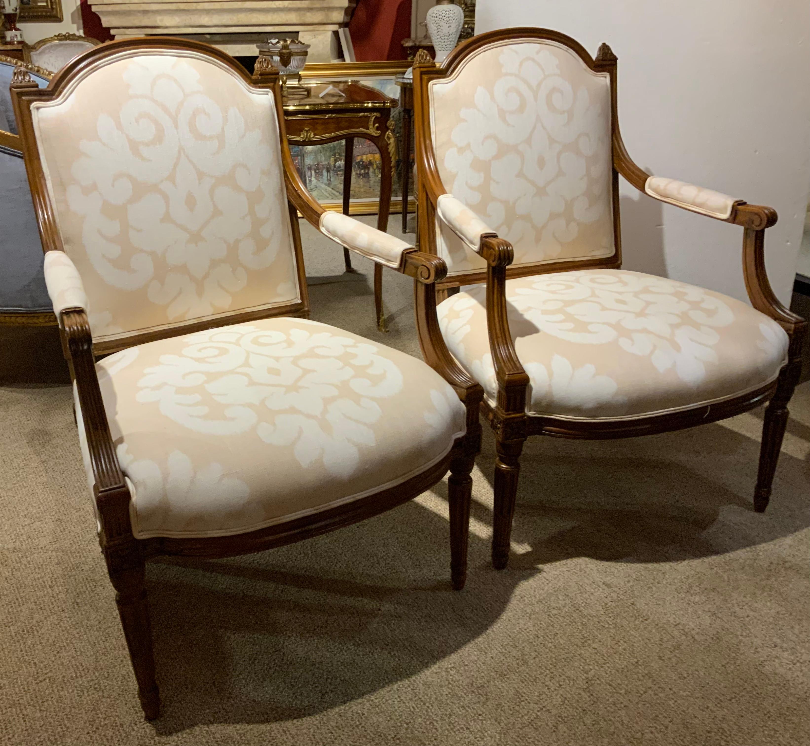 Pair of Walnut Louis XVI—Style Arm Chairs 19th Century with Domed Back For Sale 1
