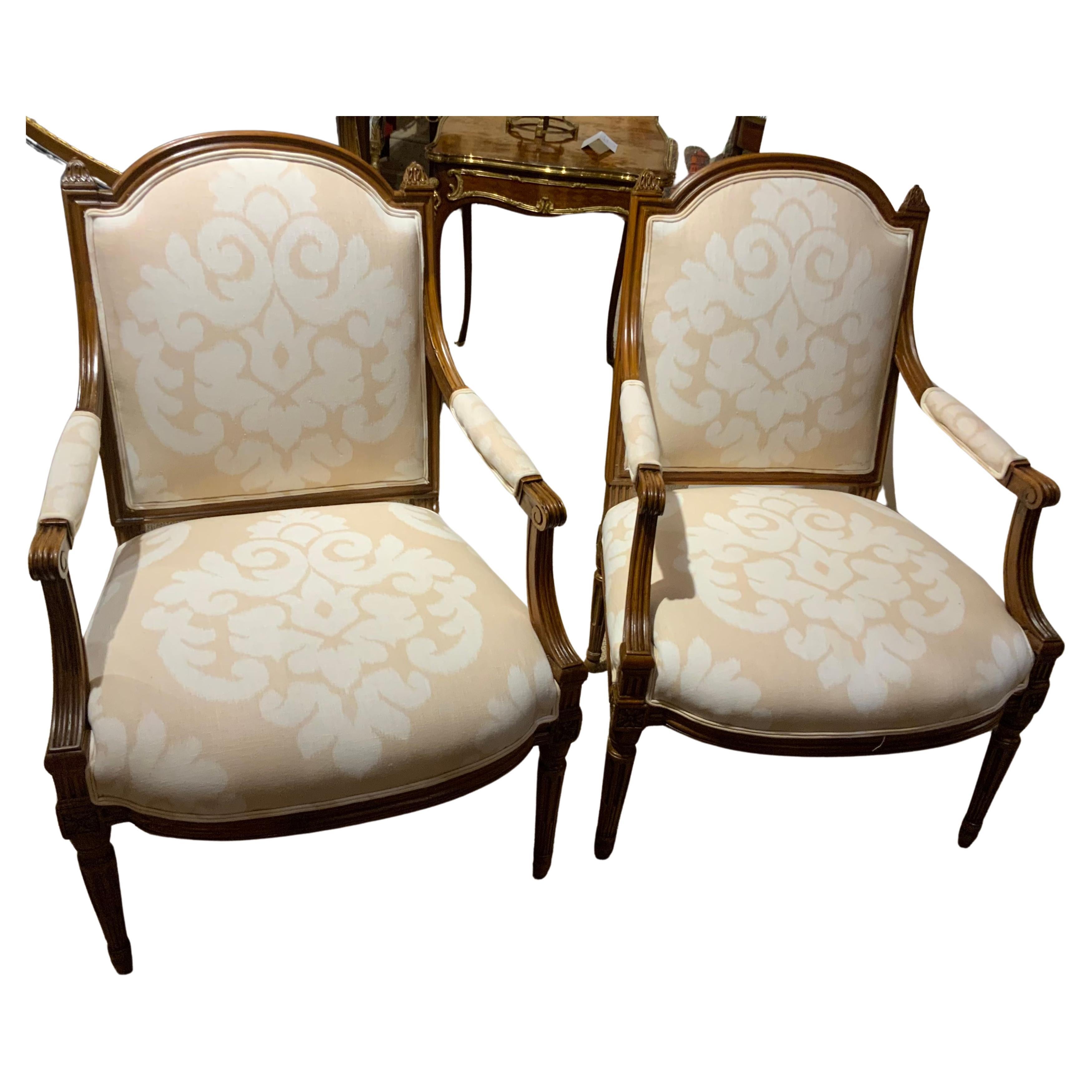 Pair of Walnut Louis XVI—Style Arm Chairs 19th Century with Domed Back