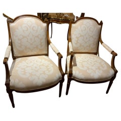 Antique Pair of Walnut Louis XVI—Style Arm Chairs 19th Century with Domed Back