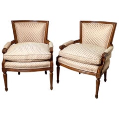 Pair of Walnut Louis XVI Style Continental Upholstered Chars