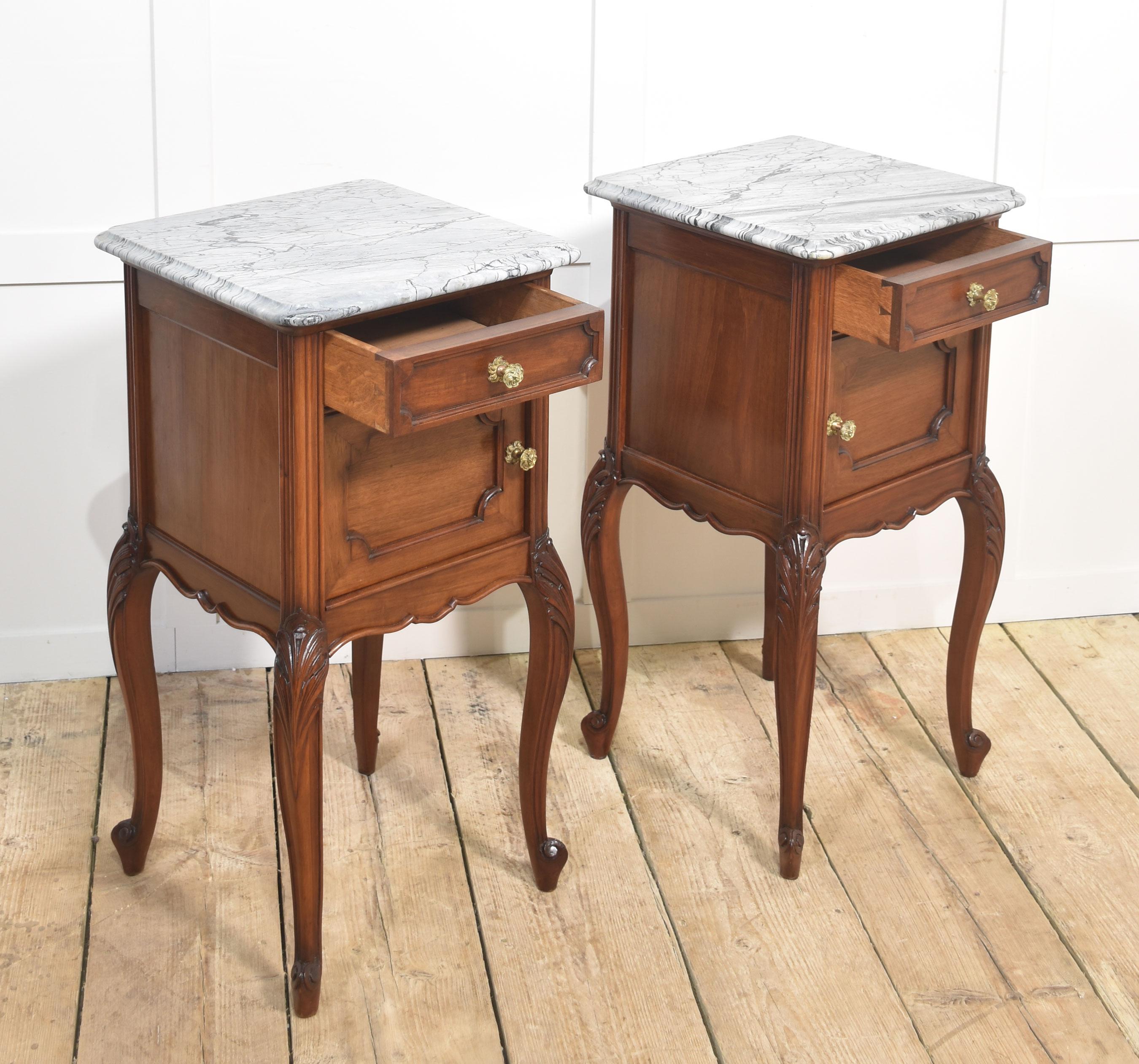 Pair of walnut marble top bedside cabinets For Sale 4