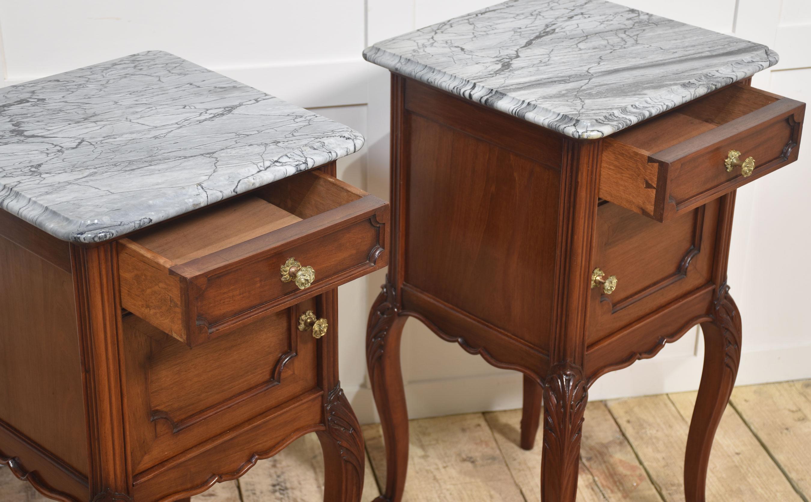 Pair of walnut marble top bedside cabinets For Sale 5