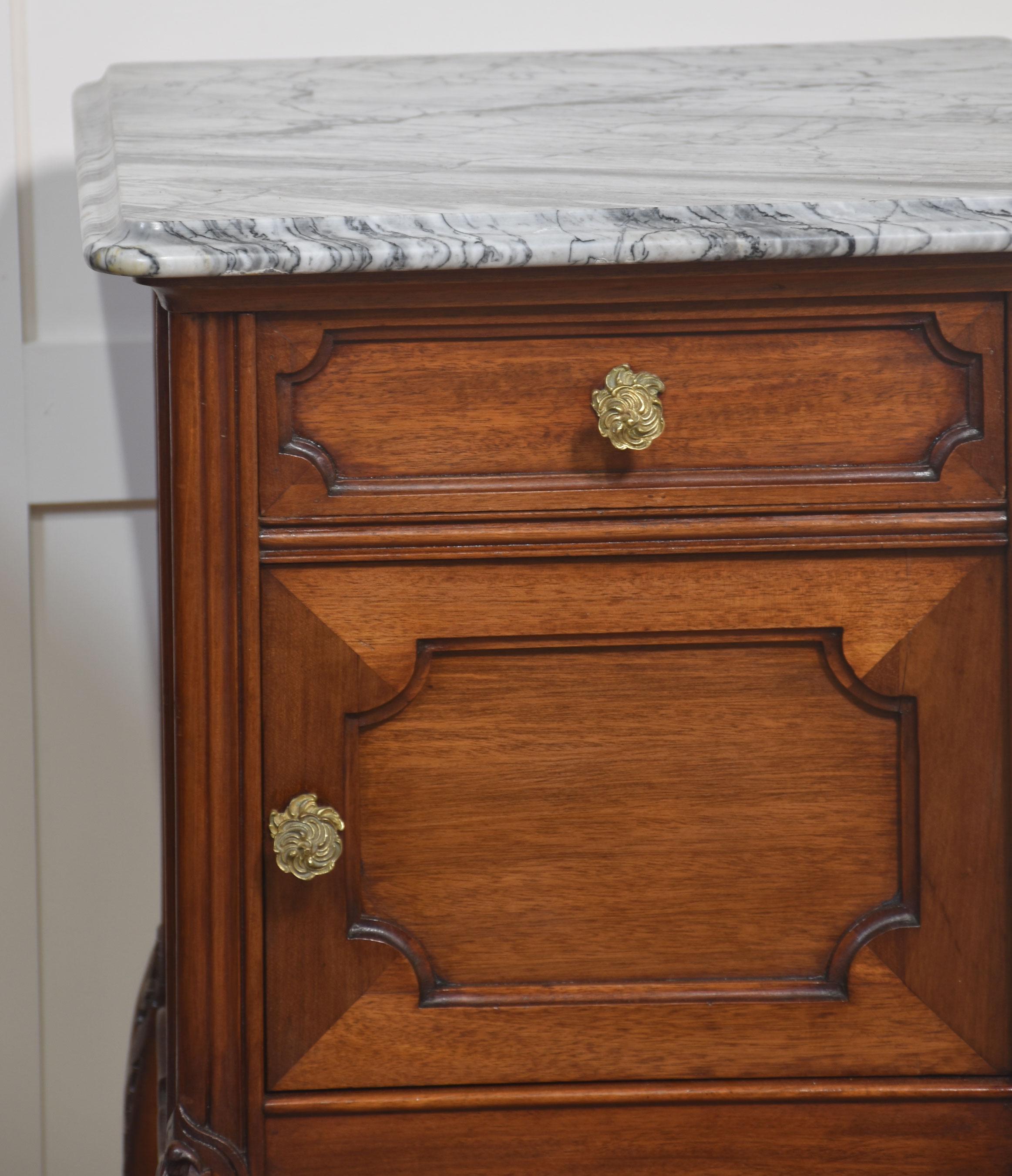 Pair of walnut marble top bedside cabinets For Sale 1