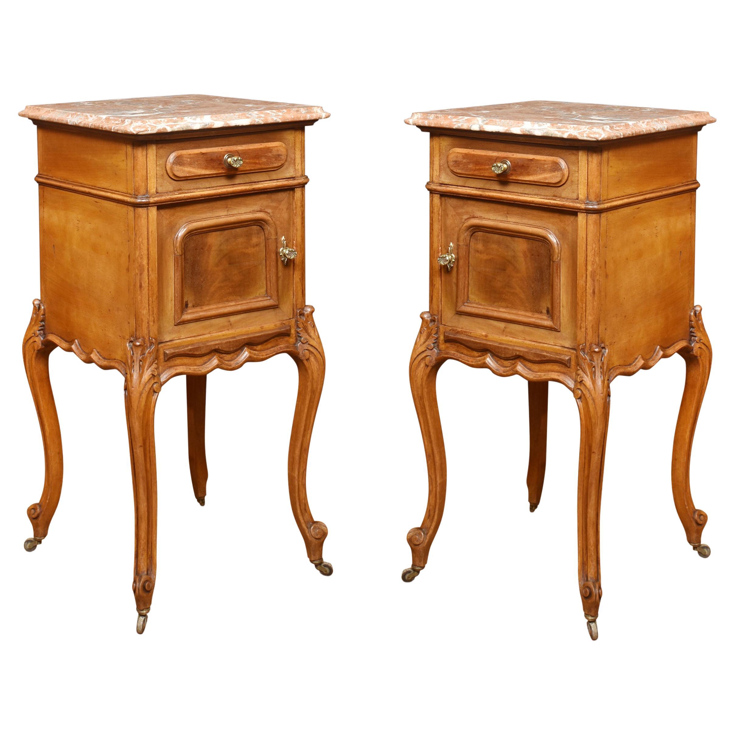 Pair of Walnut Marble Top Bedside Cabinets