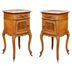 Pair of Walnut Marble Top Bedside Cabinets