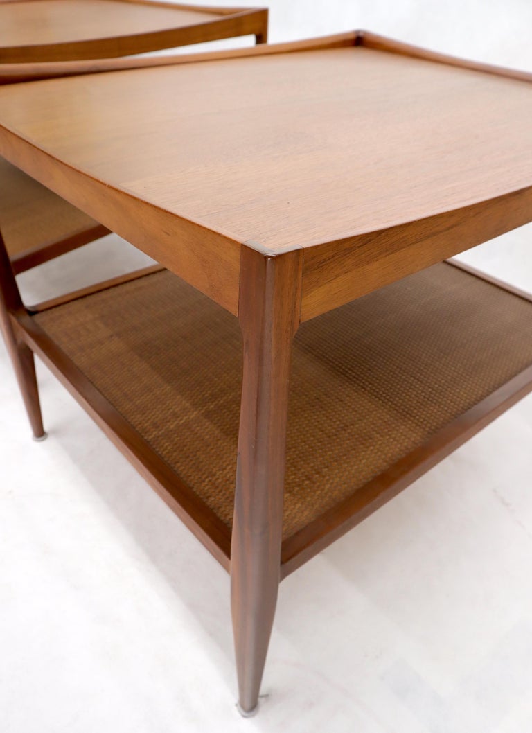 Pair of Walnut MidCentury Modern TwoTier Cane Shelf End Side Tables Stands For Sale at 1stDibs