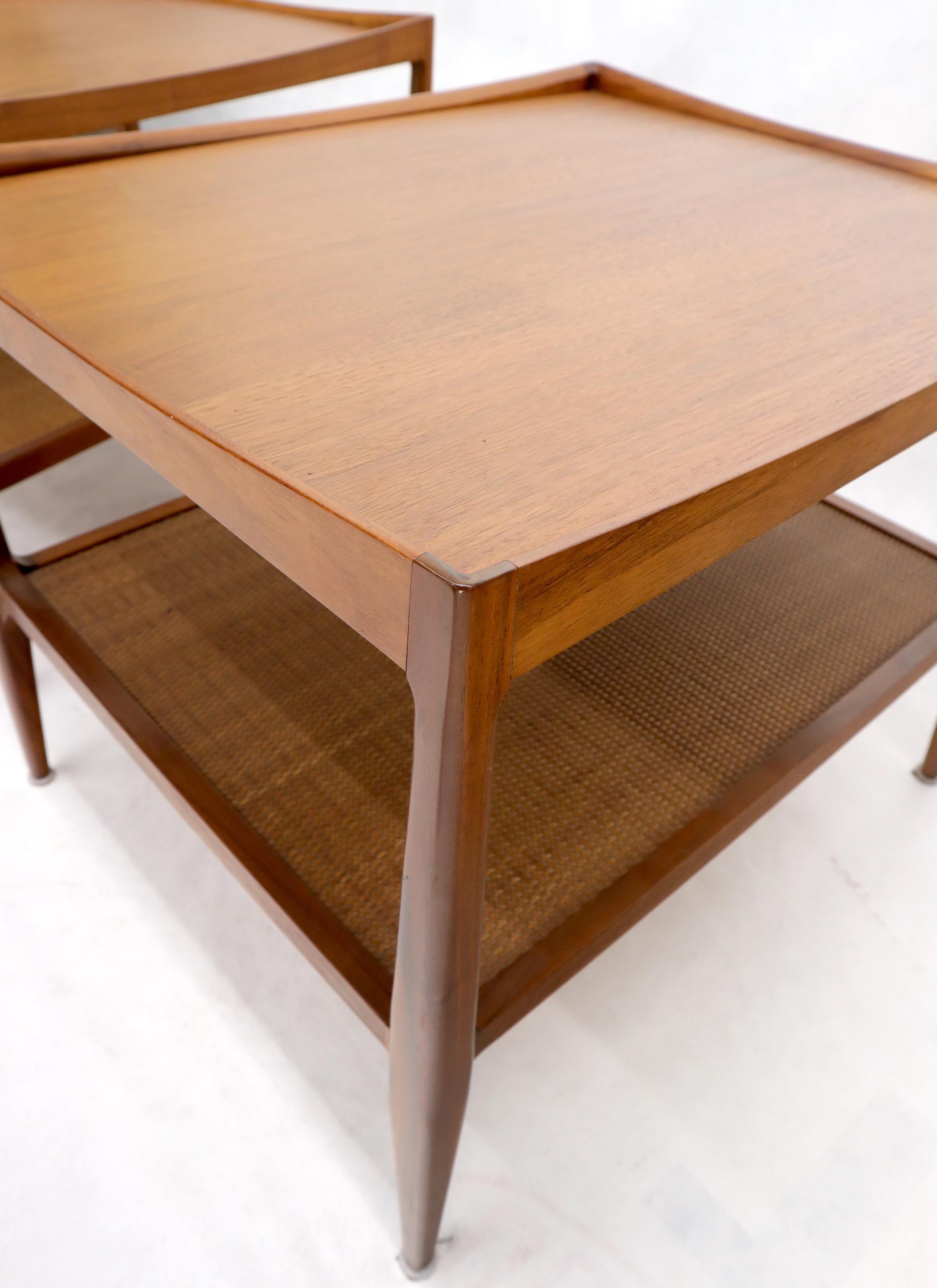 Pair of Walnut Mid-Century Modern Two-Tier Cane Shelf End Side Tables Stands 5