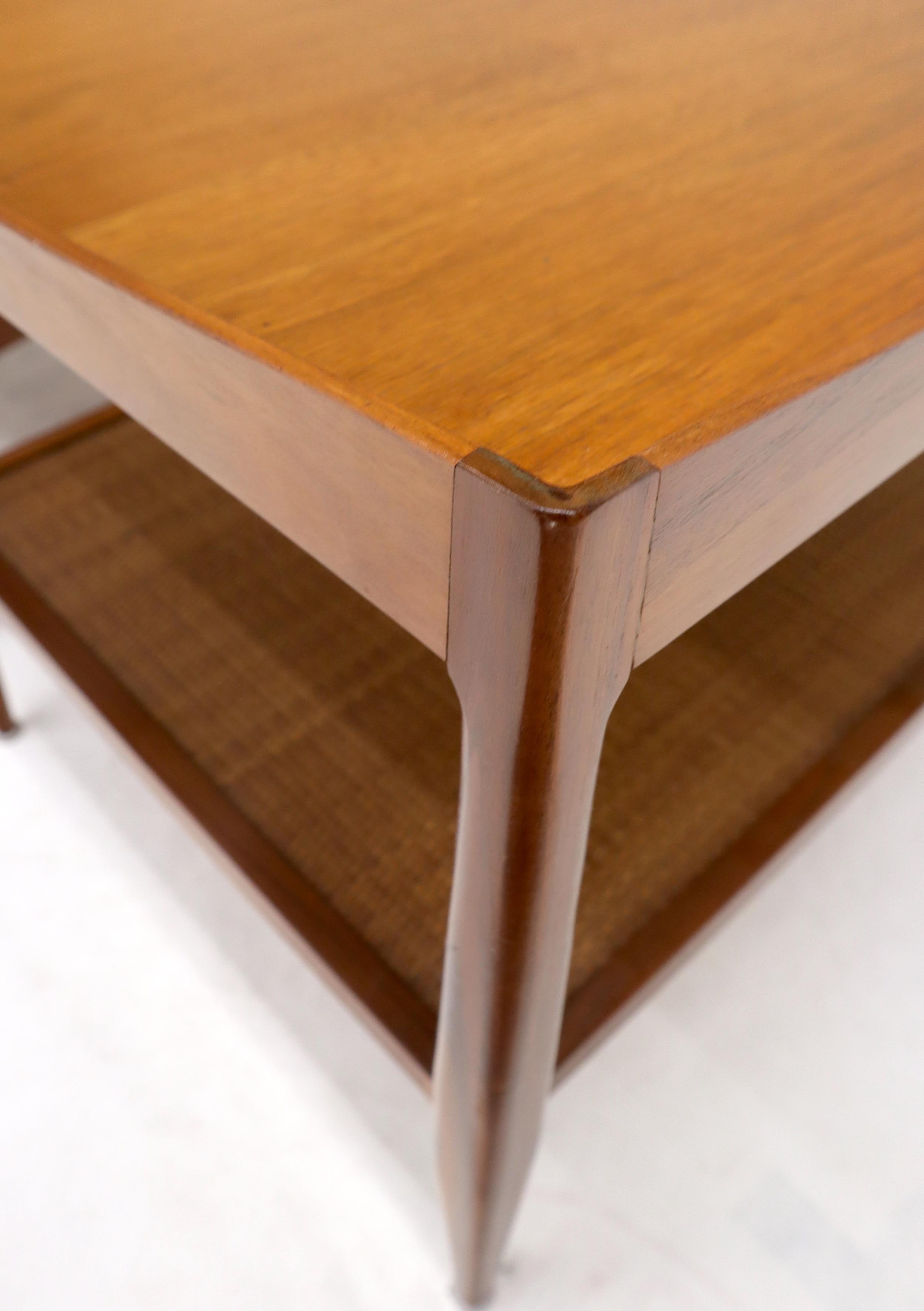 Pair of Walnut Mid-Century Modern Two-Tier Cane Shelf End Side Tables Stands 6