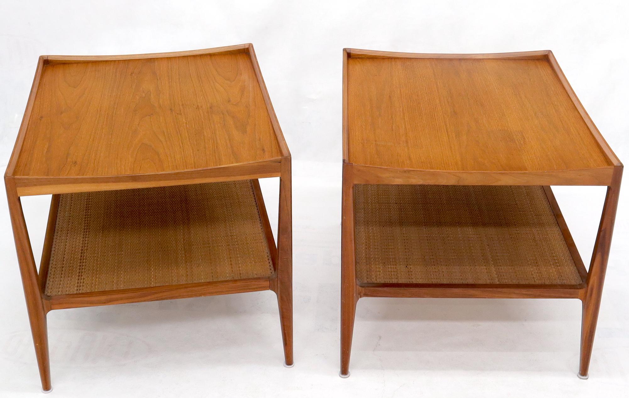 American Pair of Walnut Mid-Century Modern Two-Tier Cane Shelf End Side Tables Stands
