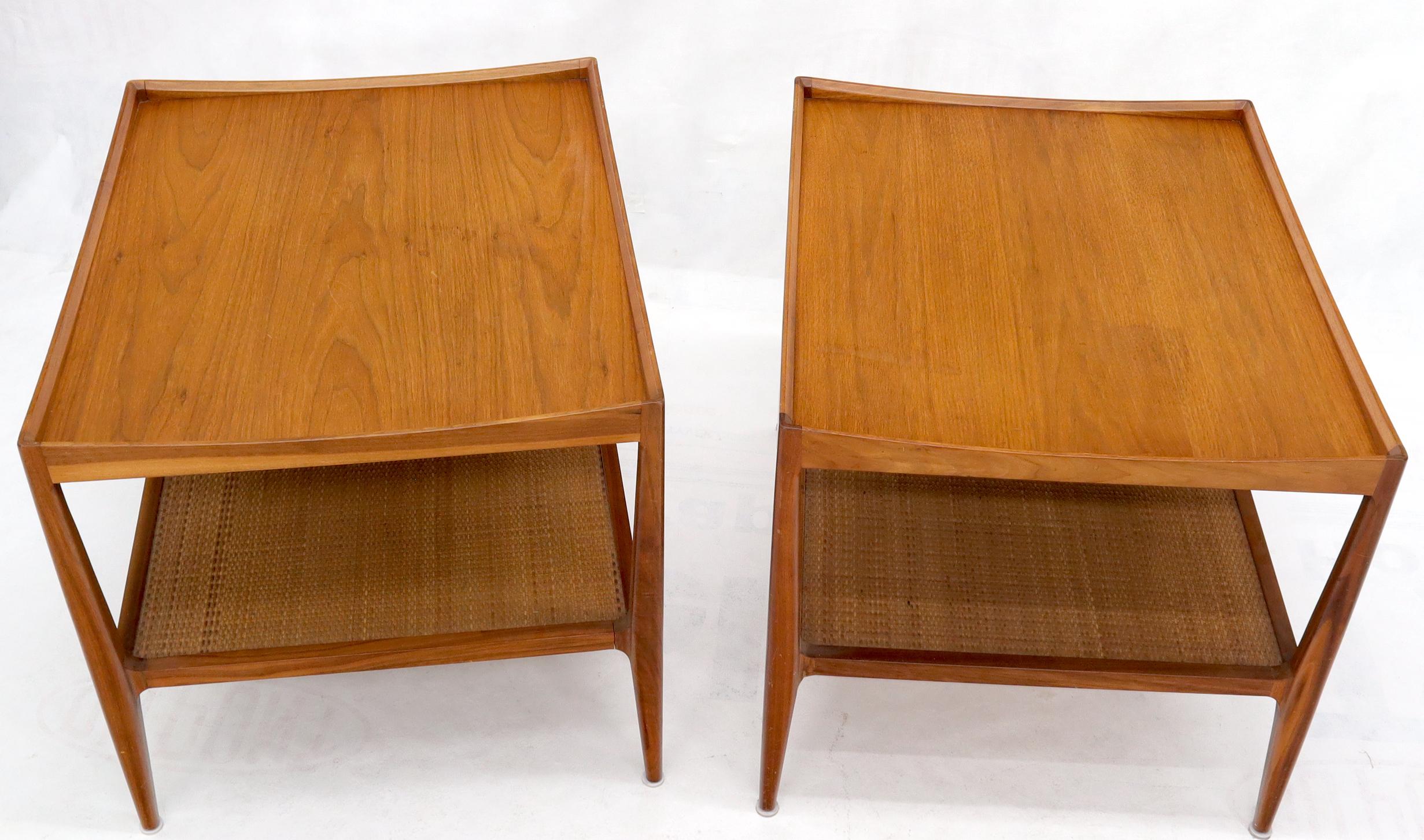 Pair of Walnut Mid-Century Modern Two-Tier Cane Shelf End Side Tables Stands In Good Condition In Rockaway, NJ