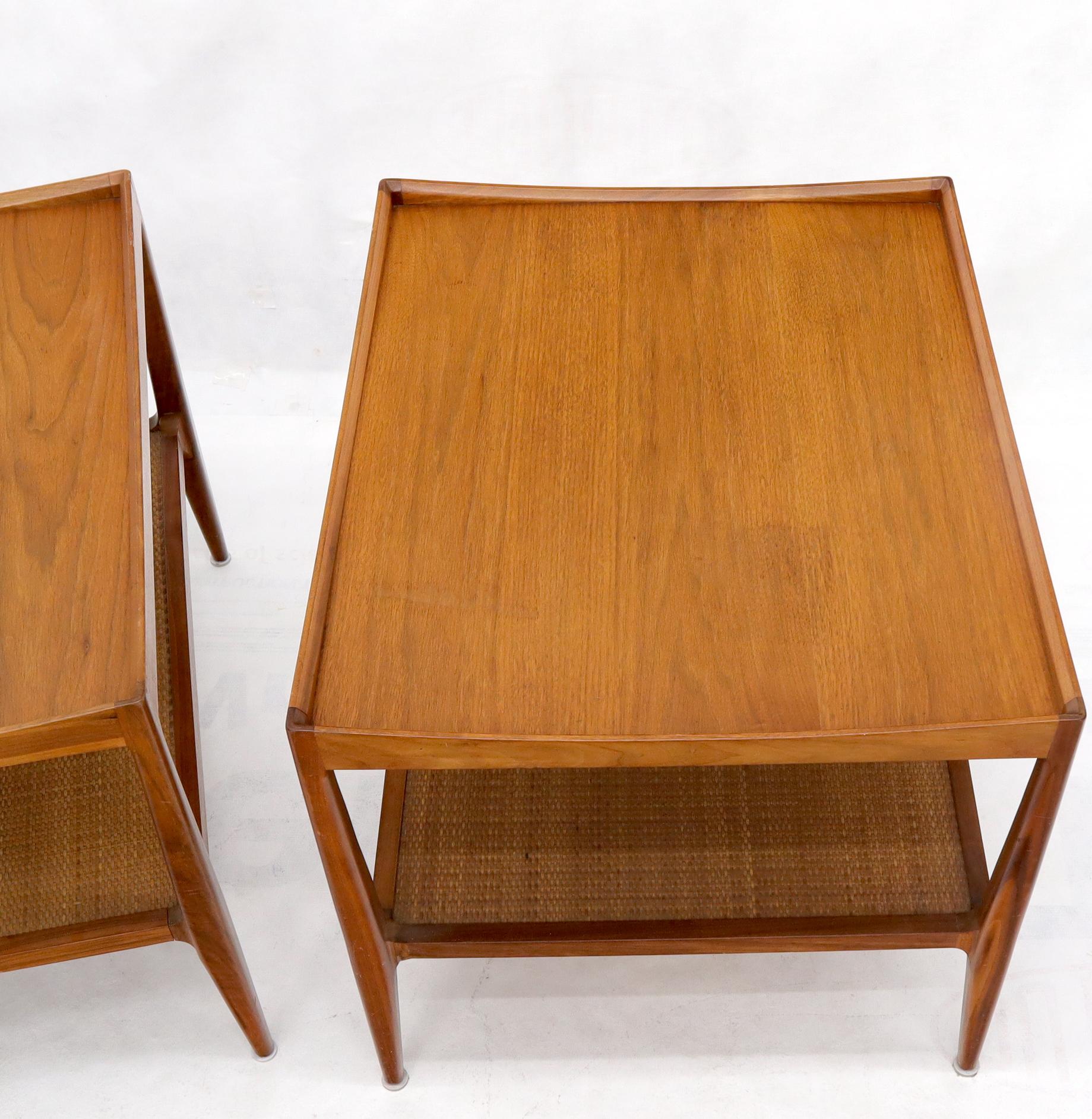 20th Century Pair of Walnut Mid-Century Modern Two-Tier Cane Shelf End Side Tables Stands