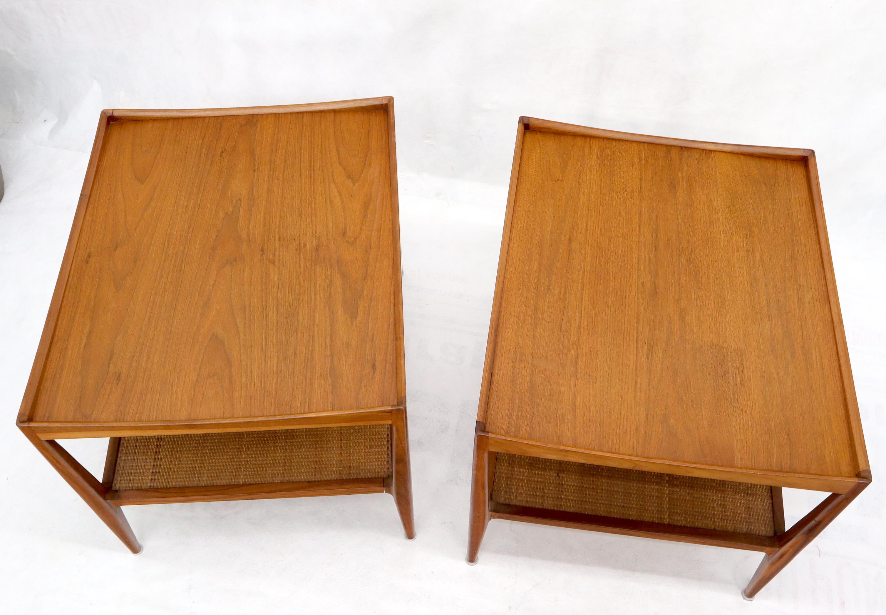 Pair of Walnut Mid-Century Modern Two-Tier Cane Shelf End Side Tables Stands 1