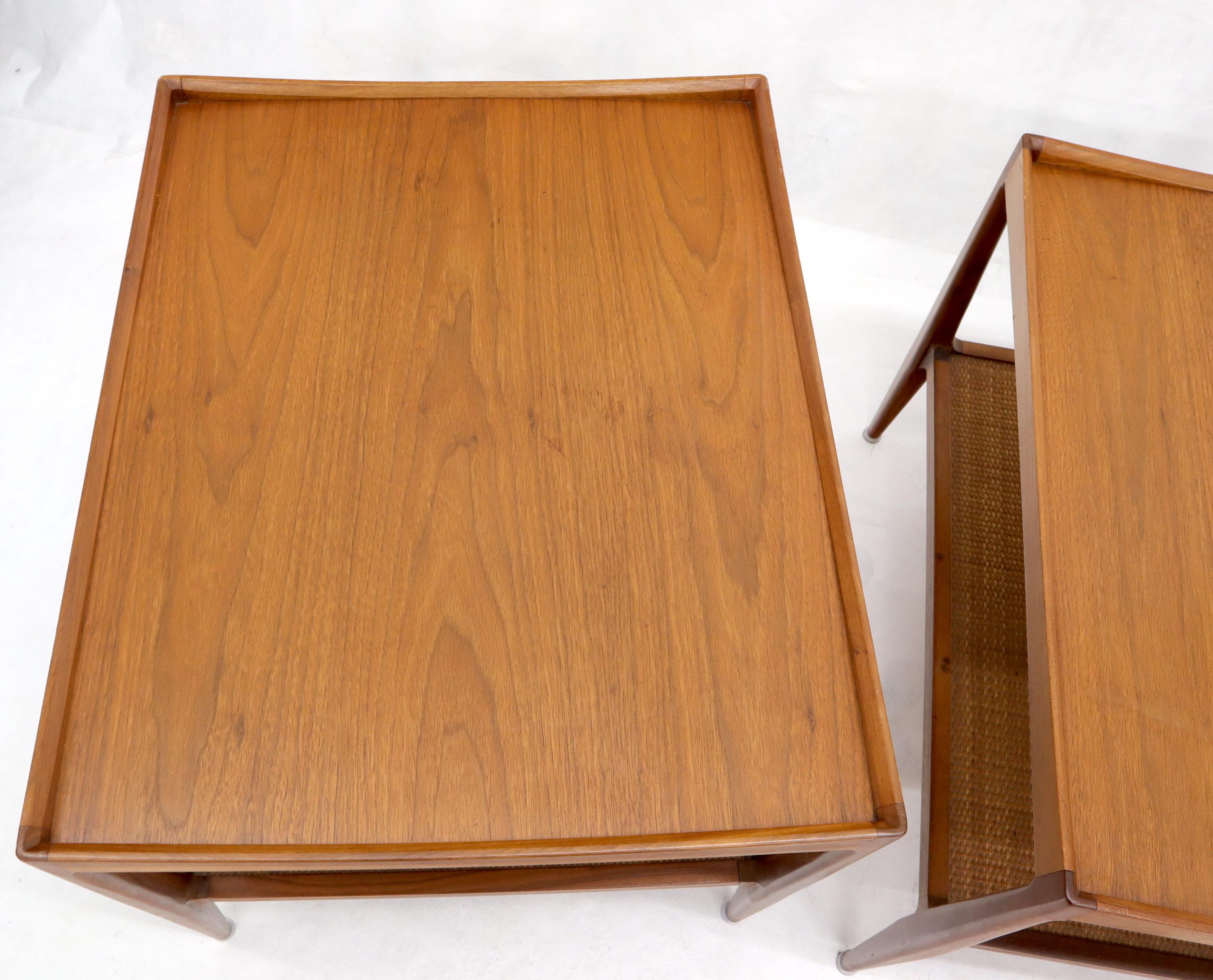 Pair of Walnut Mid-Century Modern Two-Tier Cane Shelf End Side Tables Stands 2