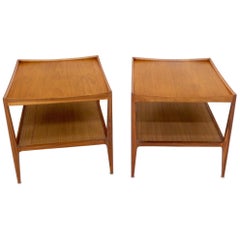 Pair of Walnut Mid-Century Modern Two-Tier Cane Shelf End Side Tables Stands