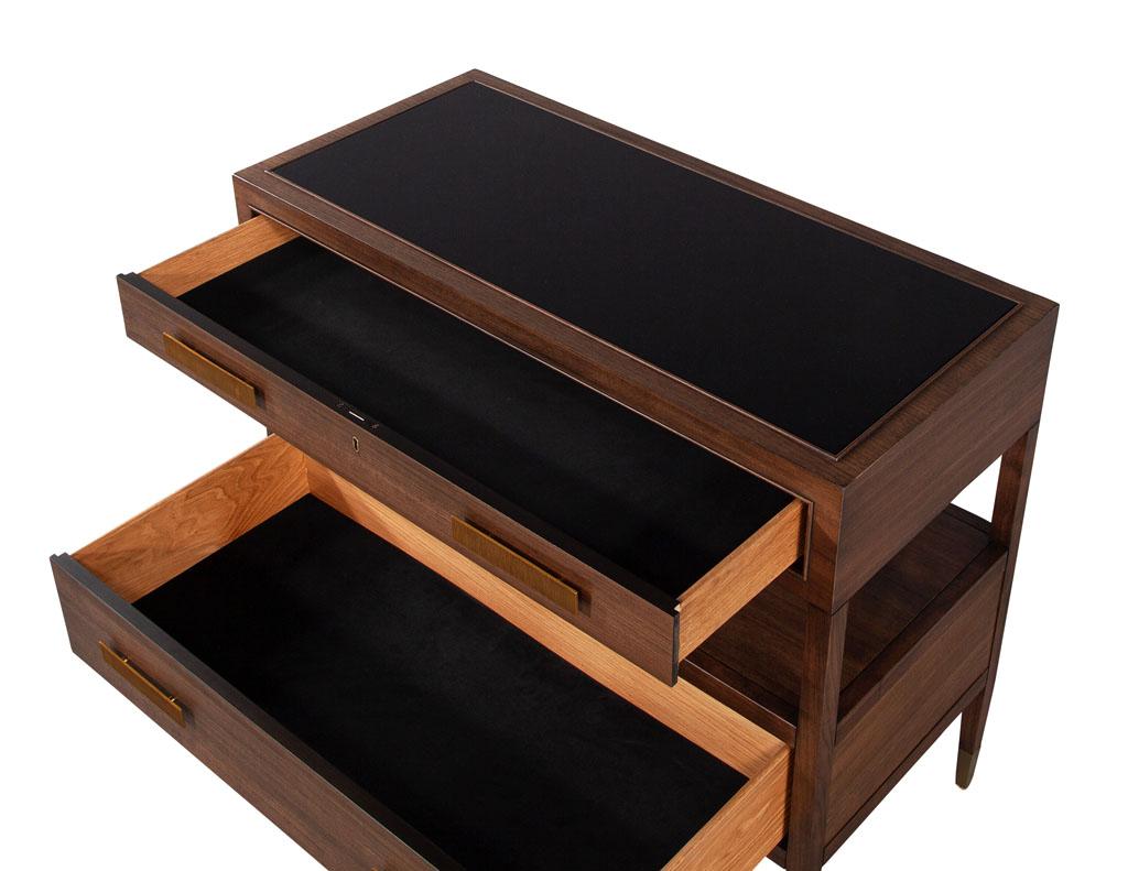 Metal Pair of Walnut Nightstand Chests with Black Lacquered Tops For Sale