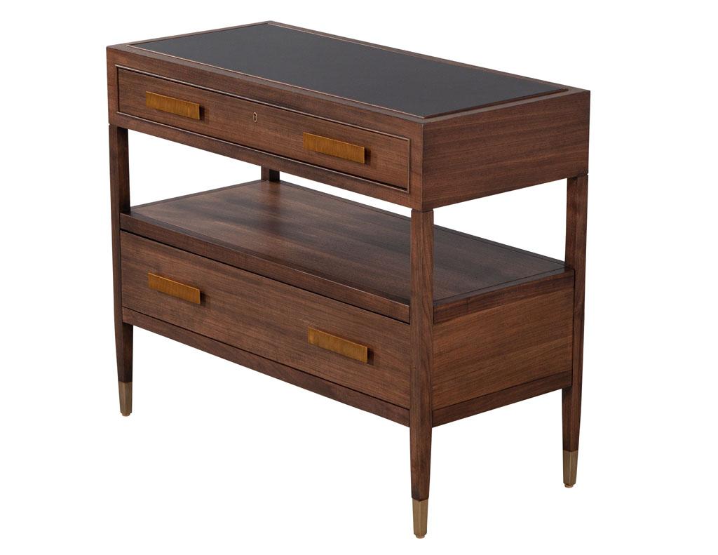 Pair of Walnut Nightstand Chests with Black Lacquered Tops For Sale 1