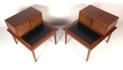 Pair of Walnut Nightstands by American of Martinsville w/ Black Top and Drawers